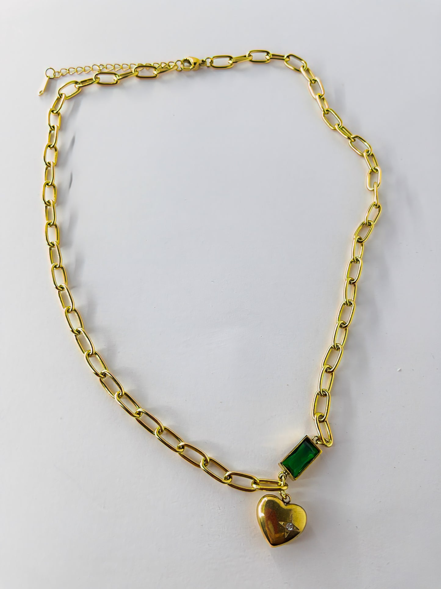Stainless Steel Chain Link with Heart and Green Emerald Stone Necklace