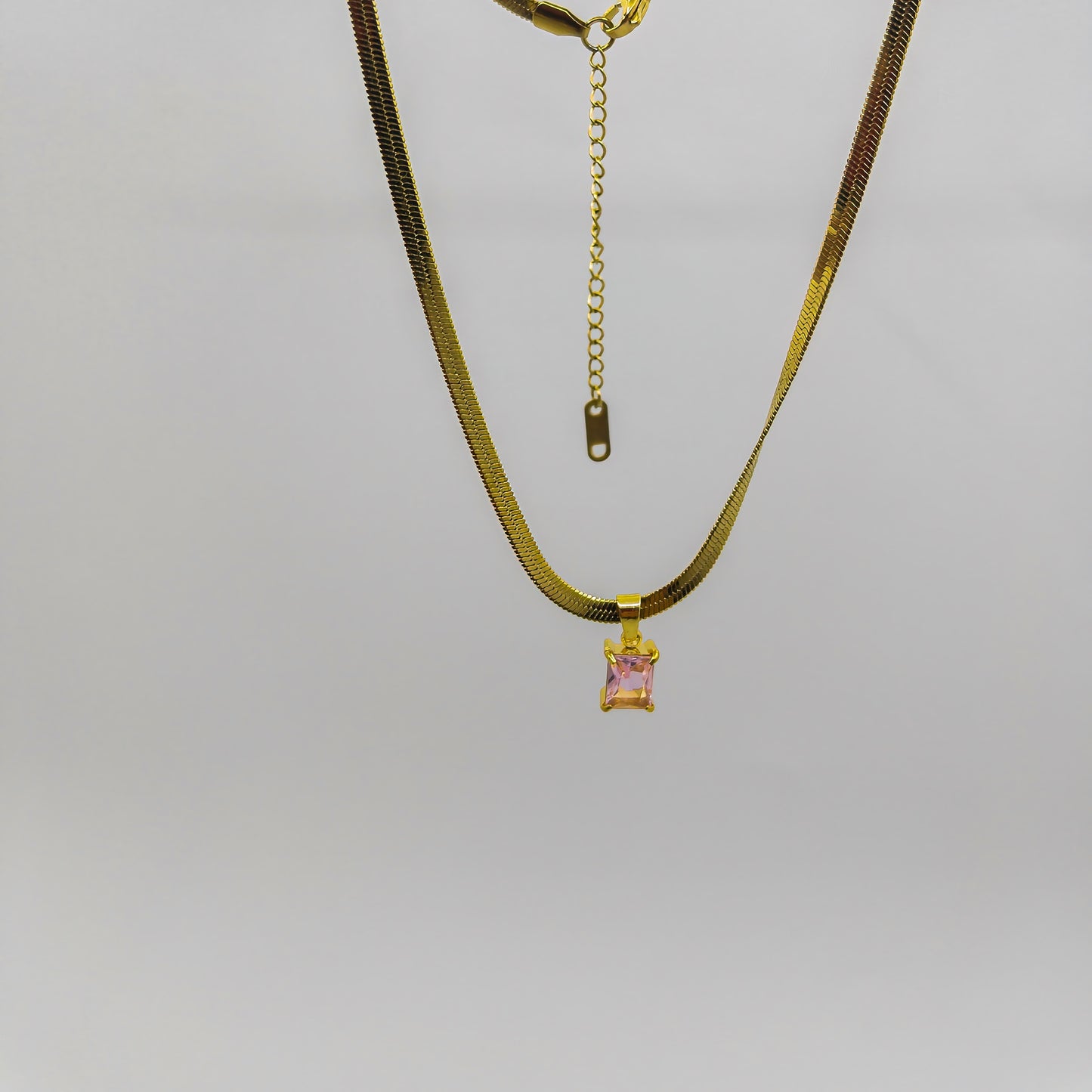 Anti-Tarnish Snake Chain with Pink Stone Locket Necklace