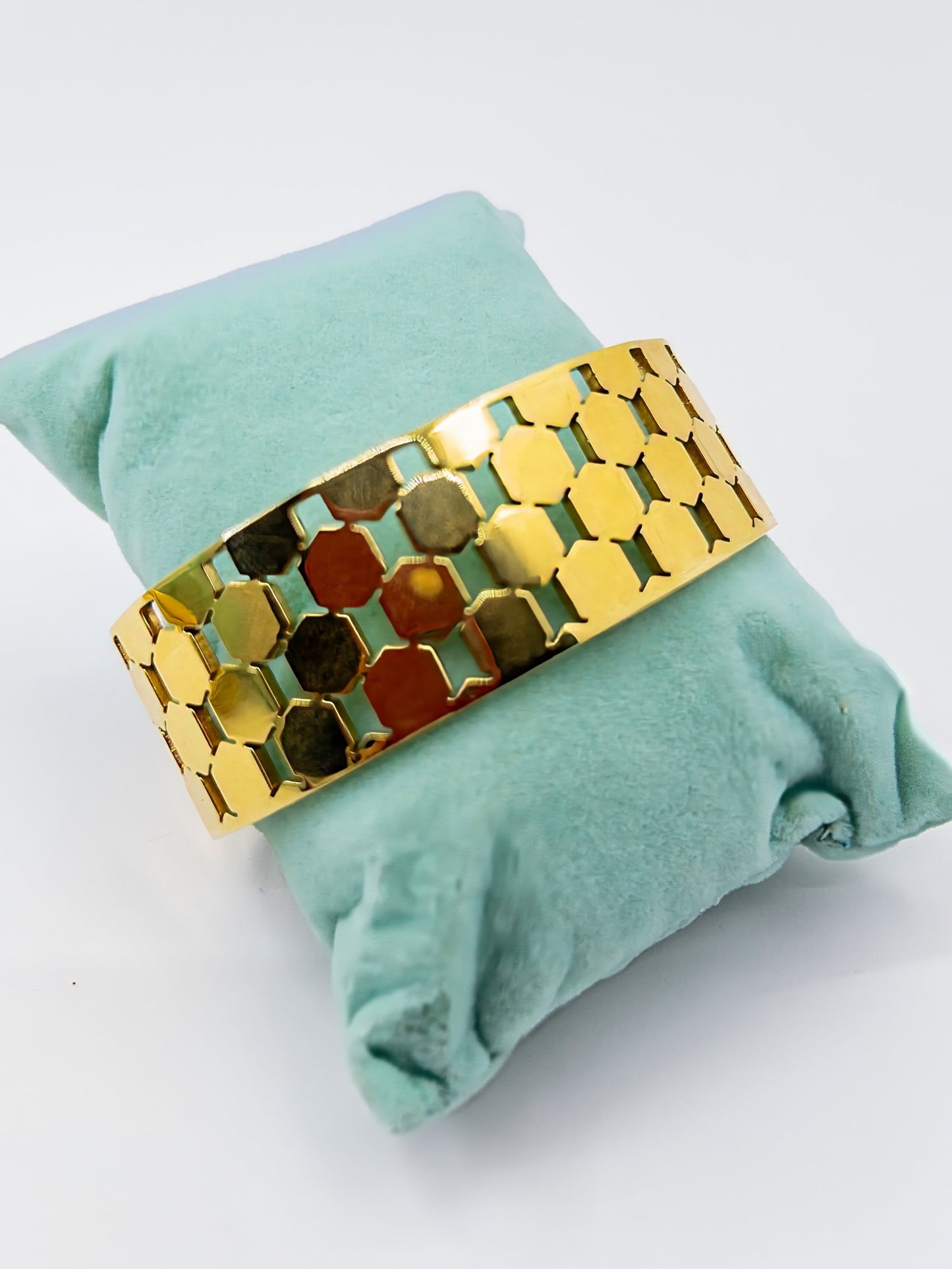 Anti Tarnish Gold Plated Wide Square Pattern Bracelet