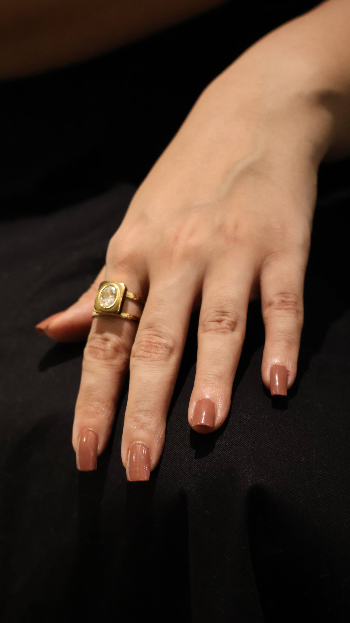 Bold Gold-Tone Square Statement Ring with Clear Stone