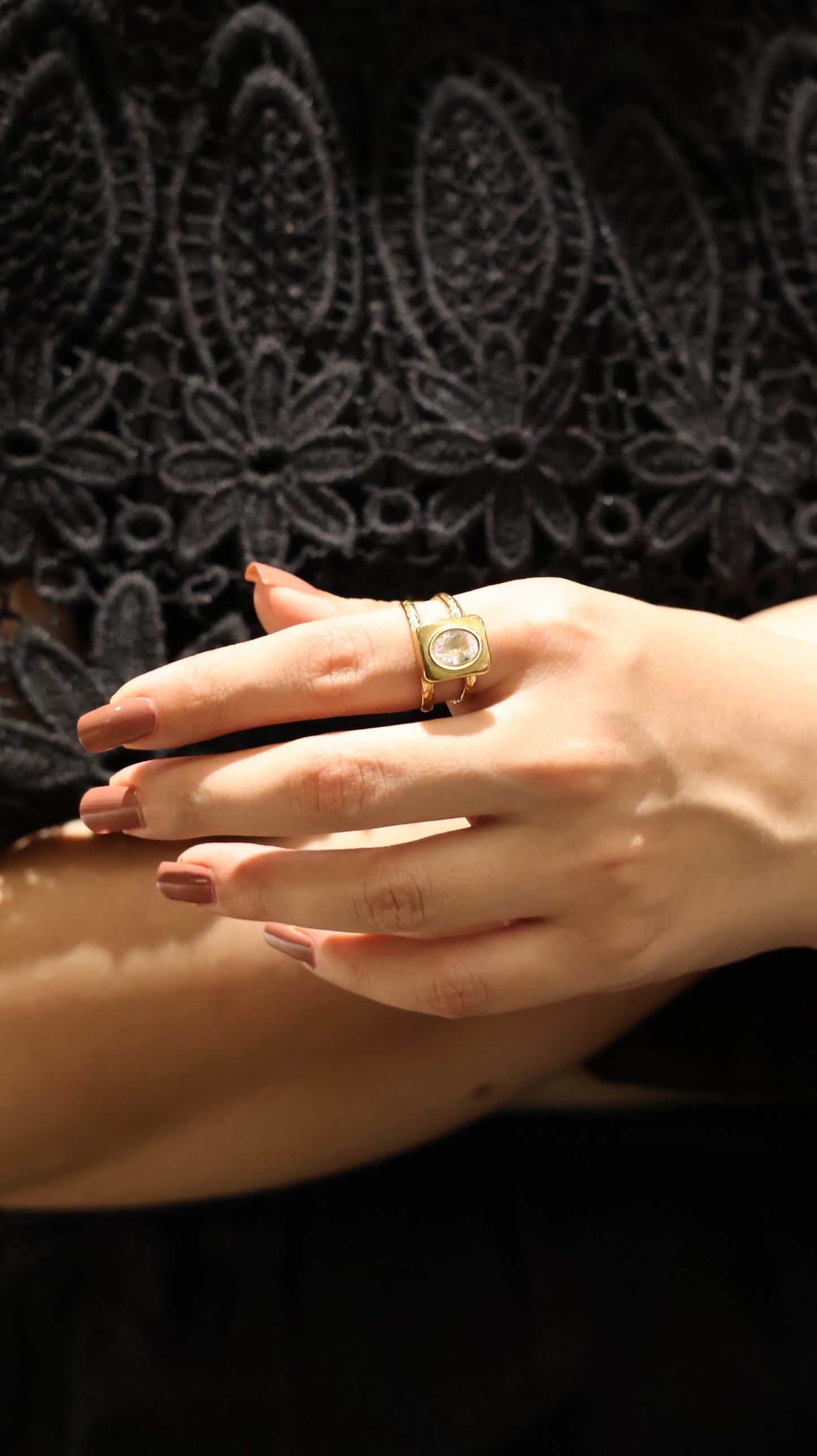 Bold Gold-Tone Square Statement Ring with Clear Stone