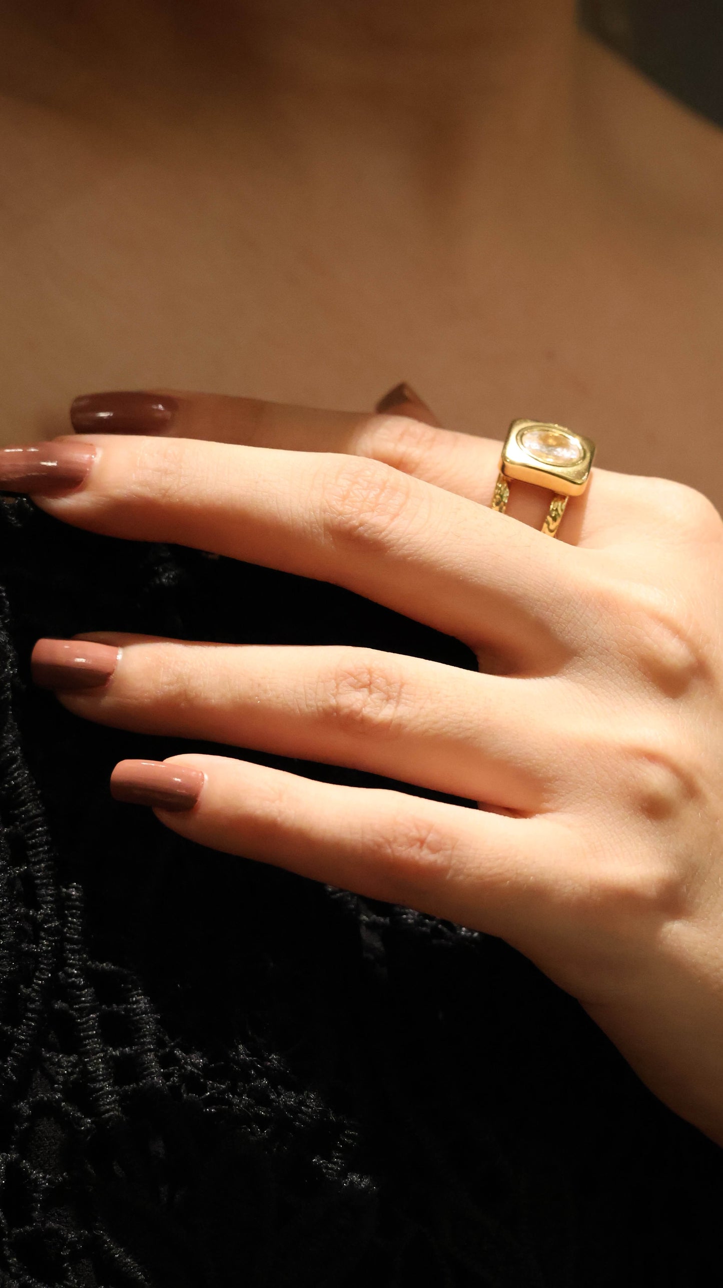 Bold Gold-Tone Square Statement Ring with Clear Stone