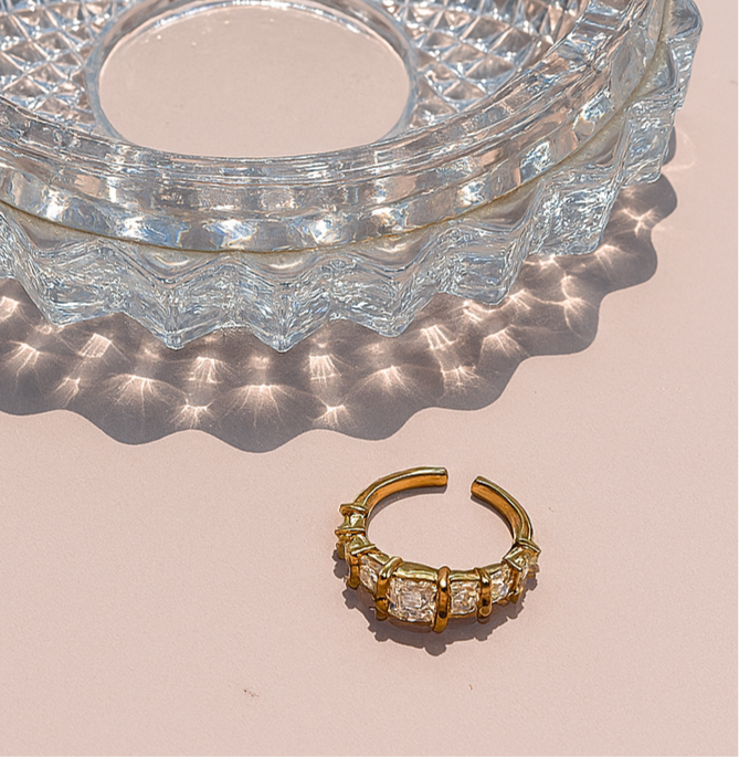 Stunning Gold-Tone Solitaire Adjustable Ring with Pave Set Band