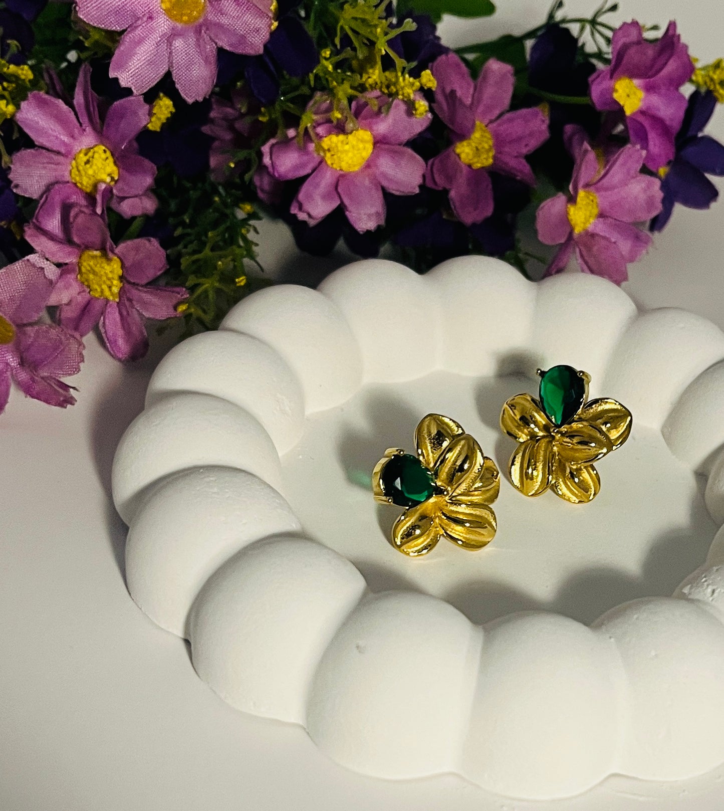 Anti Tarnish chunky Flower with green gemstone Earrings