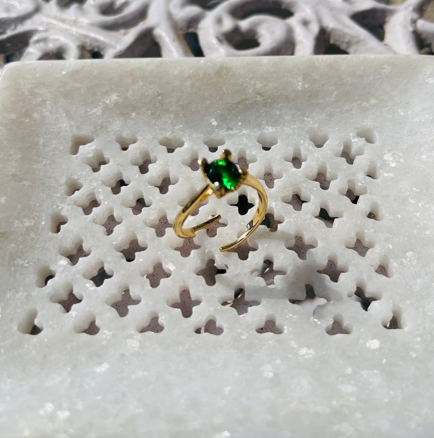 Anti-Tarnish Gold Plated Adjustable Green Solitaire Style Zircon Ring
