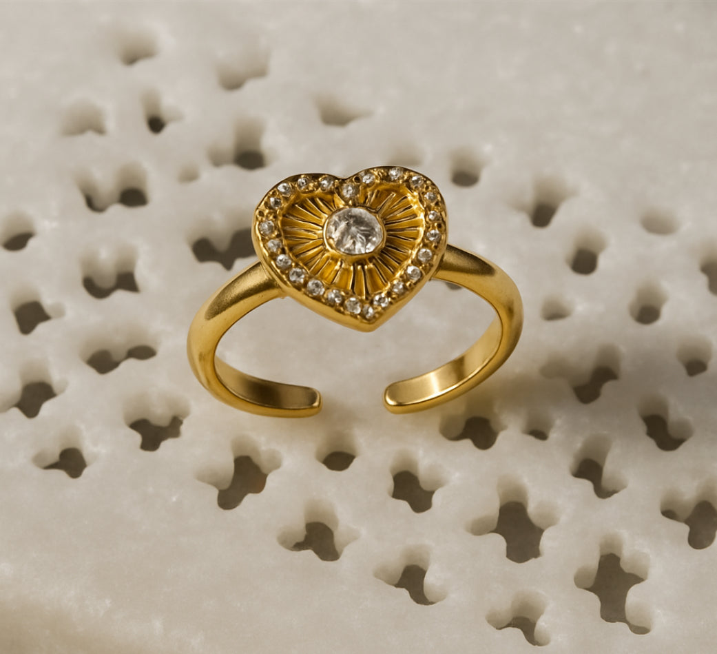 Anti-Tarnish Gold Plated Adjustable White AD Heart Zircon Ring