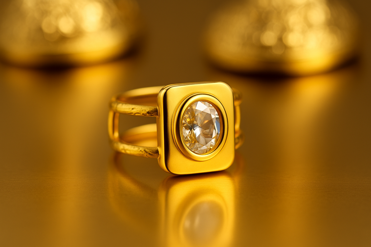 Bold Gold-Tone Square Statement Ring with Clear Stone