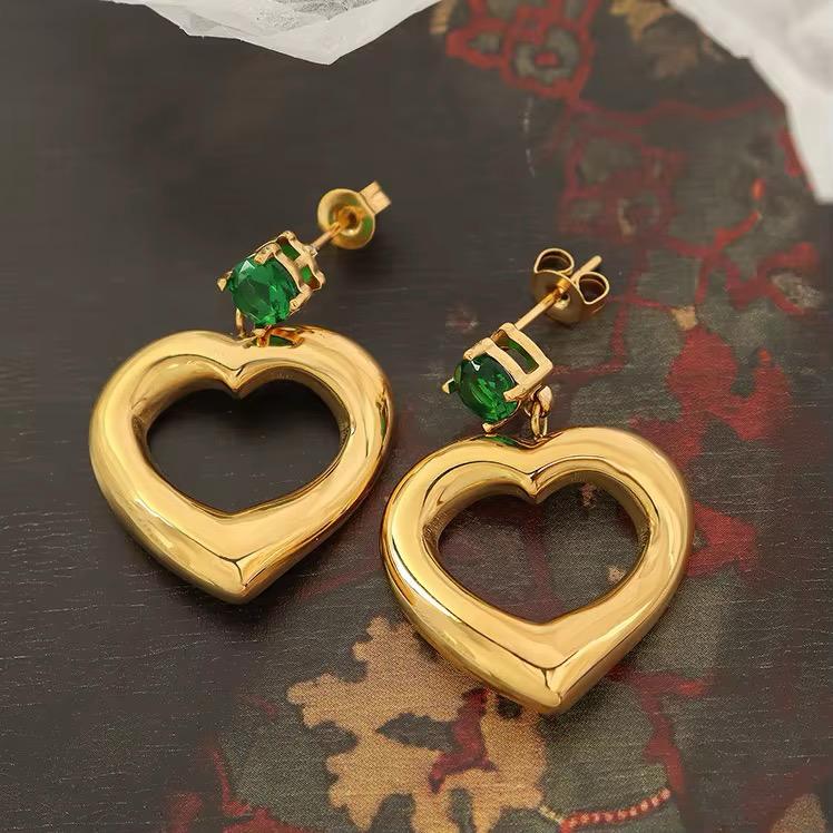 Anti-Tarnish Gold Plated Heart Dangler Emerald Green Tops