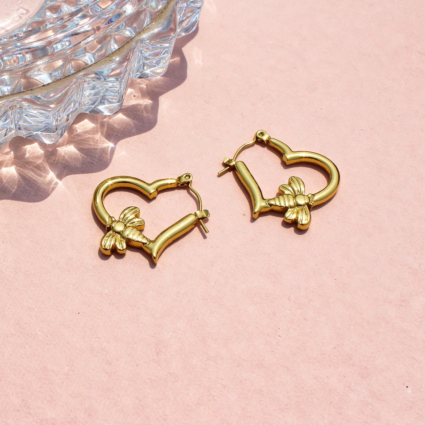 Anti-Tarnish Gold Plated Honeybee Heart Hoop Earrings