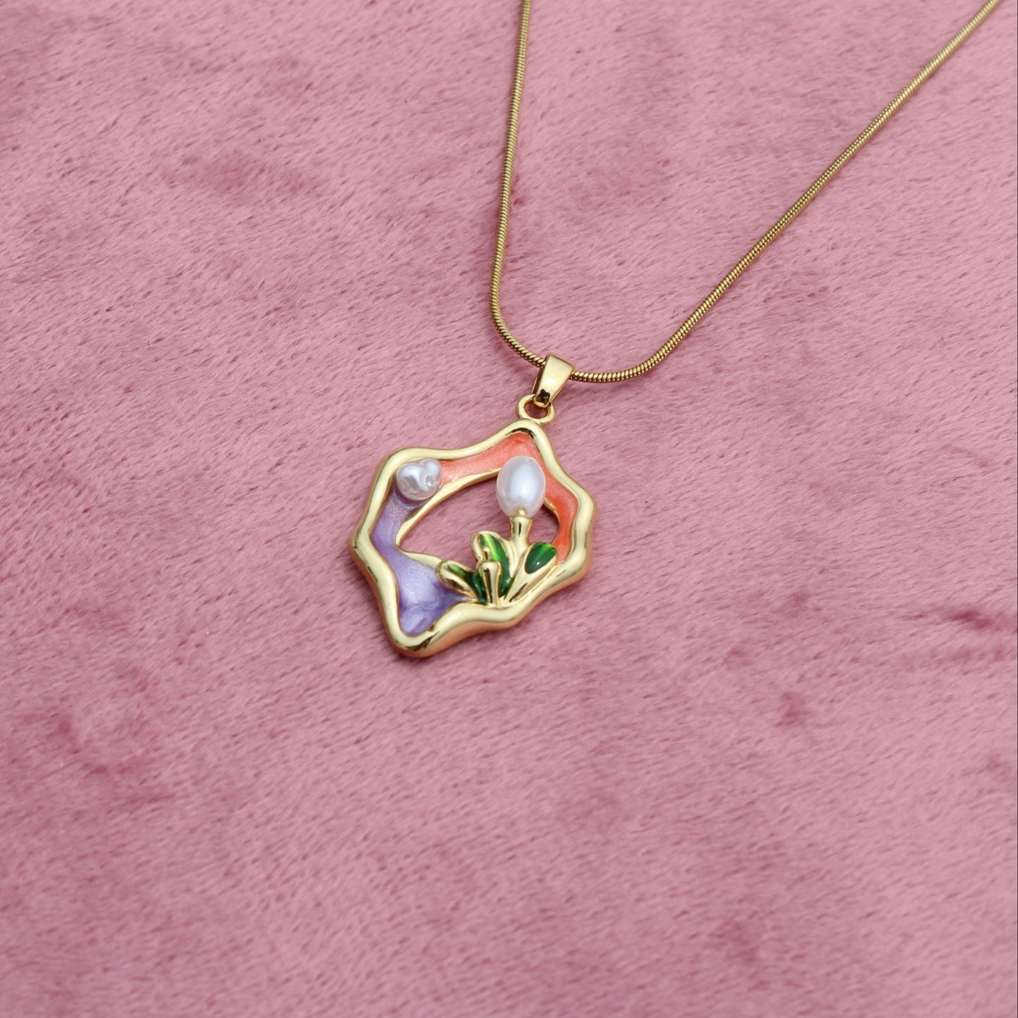 Anti Tarnish Gold Plated Necklace with Vintage Design, Purple Orange