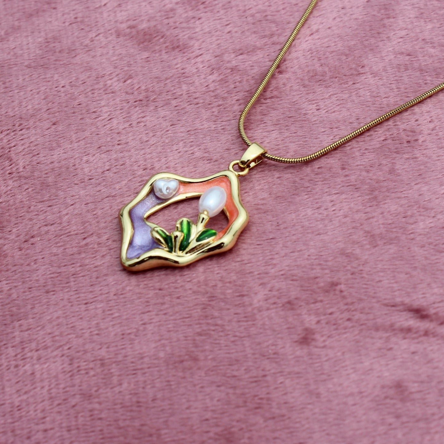 Anti Tarnish Gold Plated Necklace with Vintage Design, Purple Orange