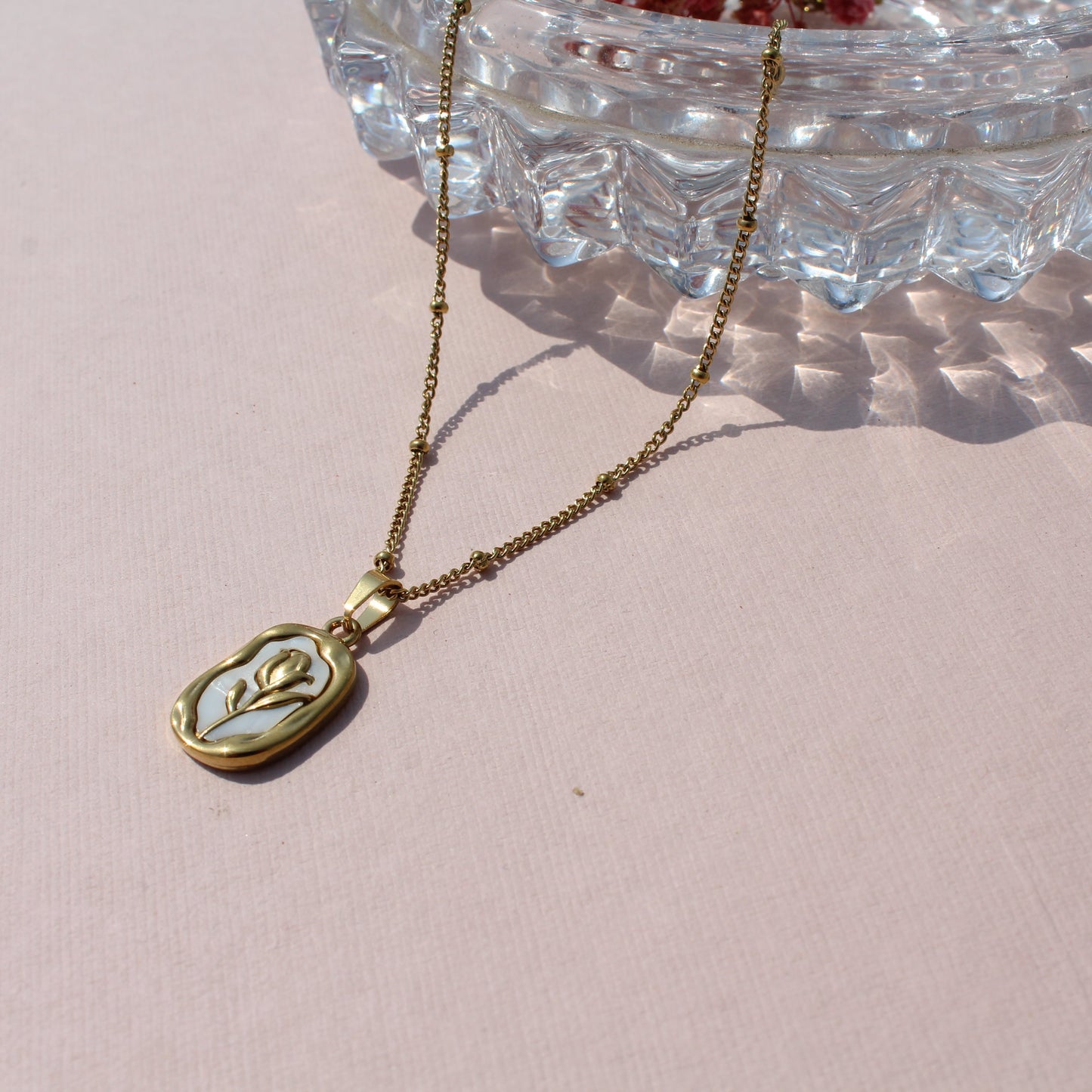 Anti Tarnish Gold Plated Necklace with Rose Embedded Pendant