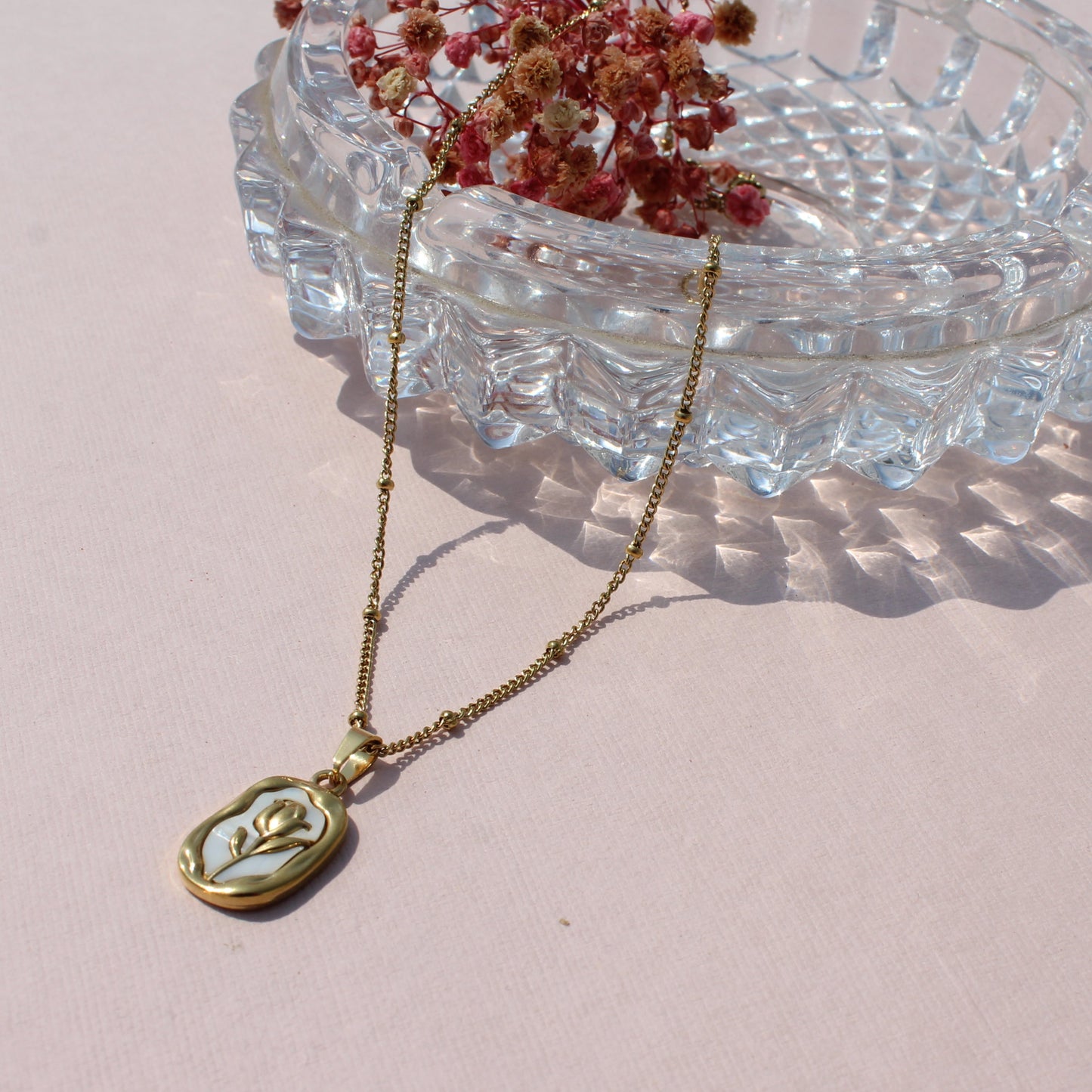 Anti Tarnish Gold Plated Necklace with Rose Embedded Pendant