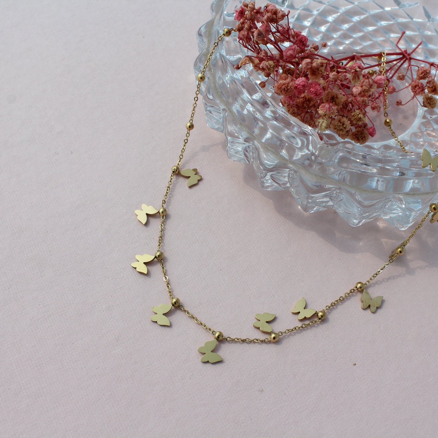 Anti Tarnish Gold Plated Minimal Necklace with Butterfly Charms