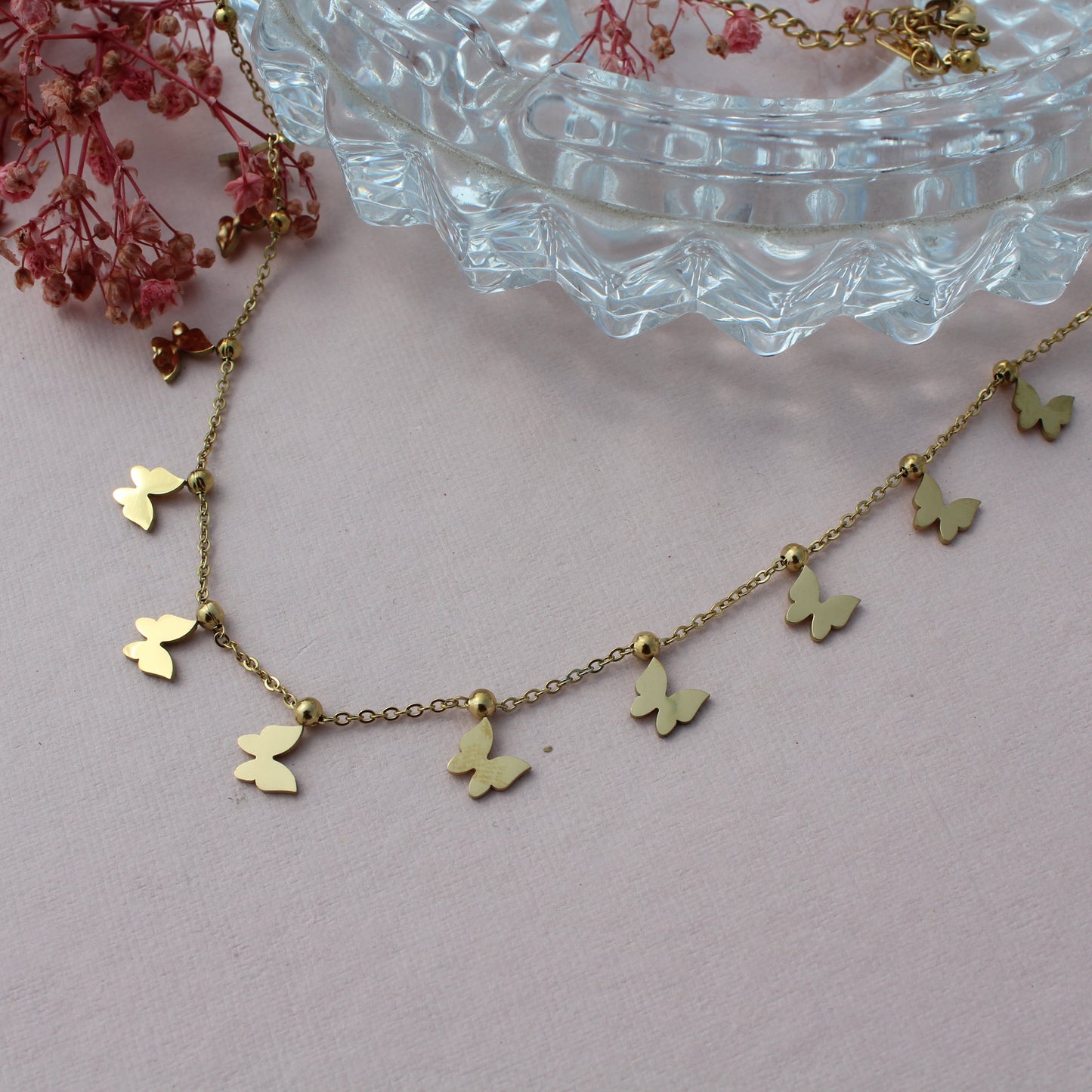 Anti Tarnish Gold Plated Minimal Necklace with Butterfly Charms