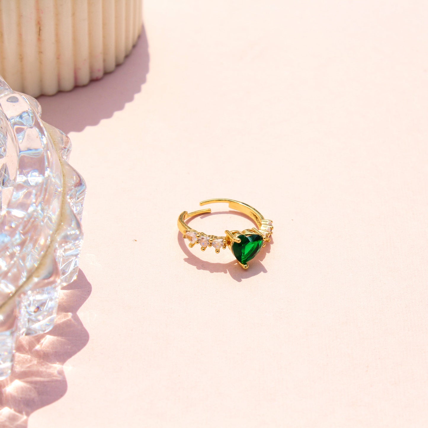 Anti-Tarnish Gold Plated Adjustable Green Heart Zircon with AD on band Ring - Royal