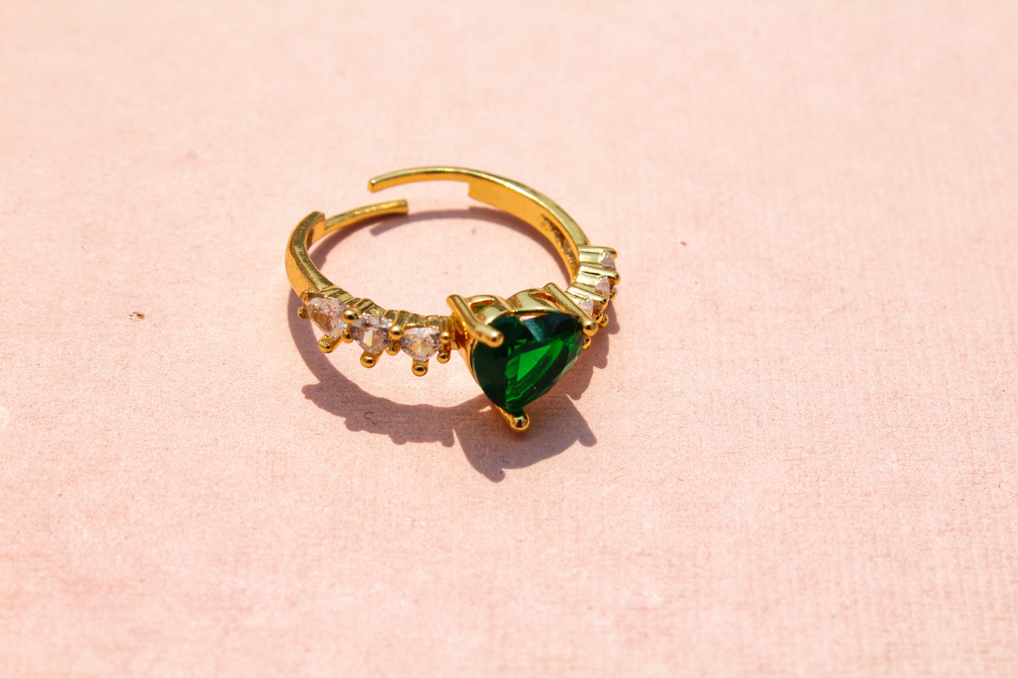 Anti-Tarnish Gold Plated Adjustable Green Heart Zircon with AD on band Ring - Royal