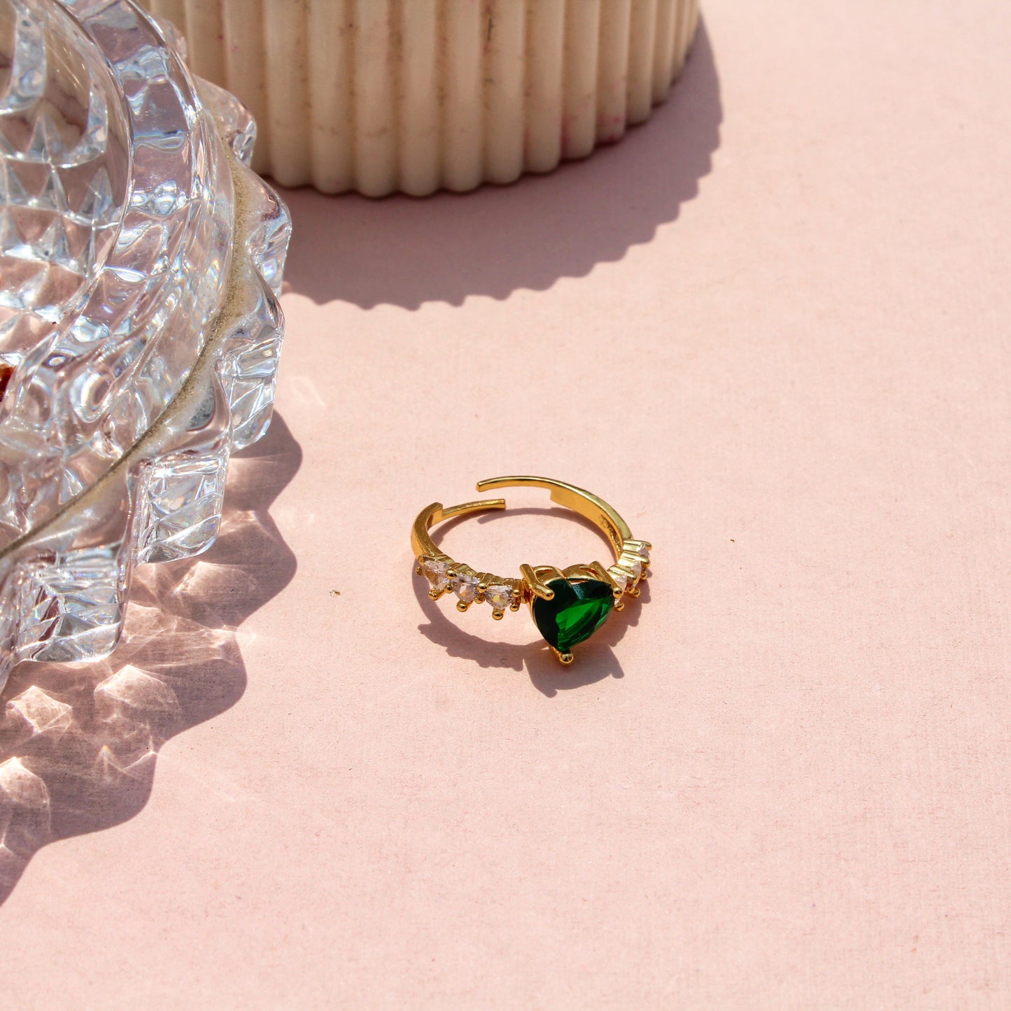 Anti-Tarnish Gold Plated Adjustable Green Heart Zircon with AD on band Ring - Royal