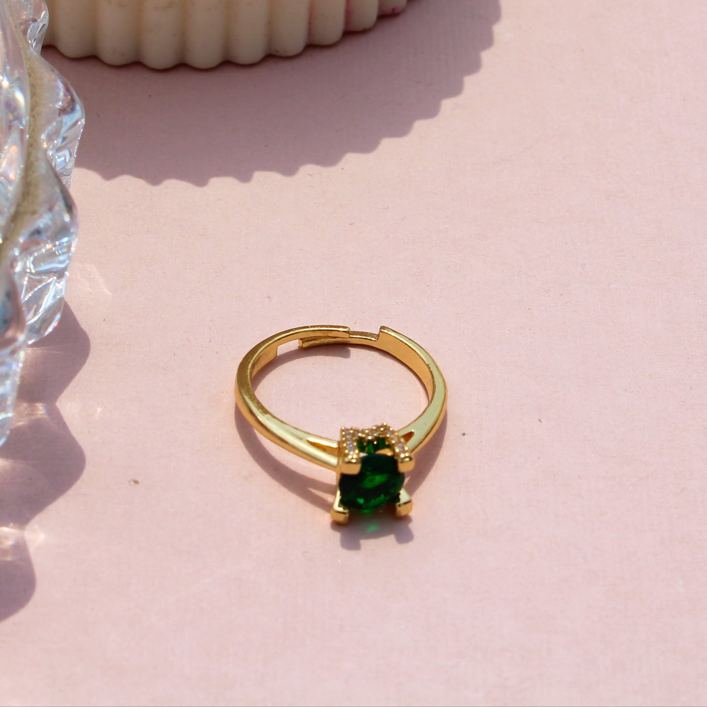 Anti-Tarnish Gold Plated Adjustable Green Solitaire Style Zircon Ring