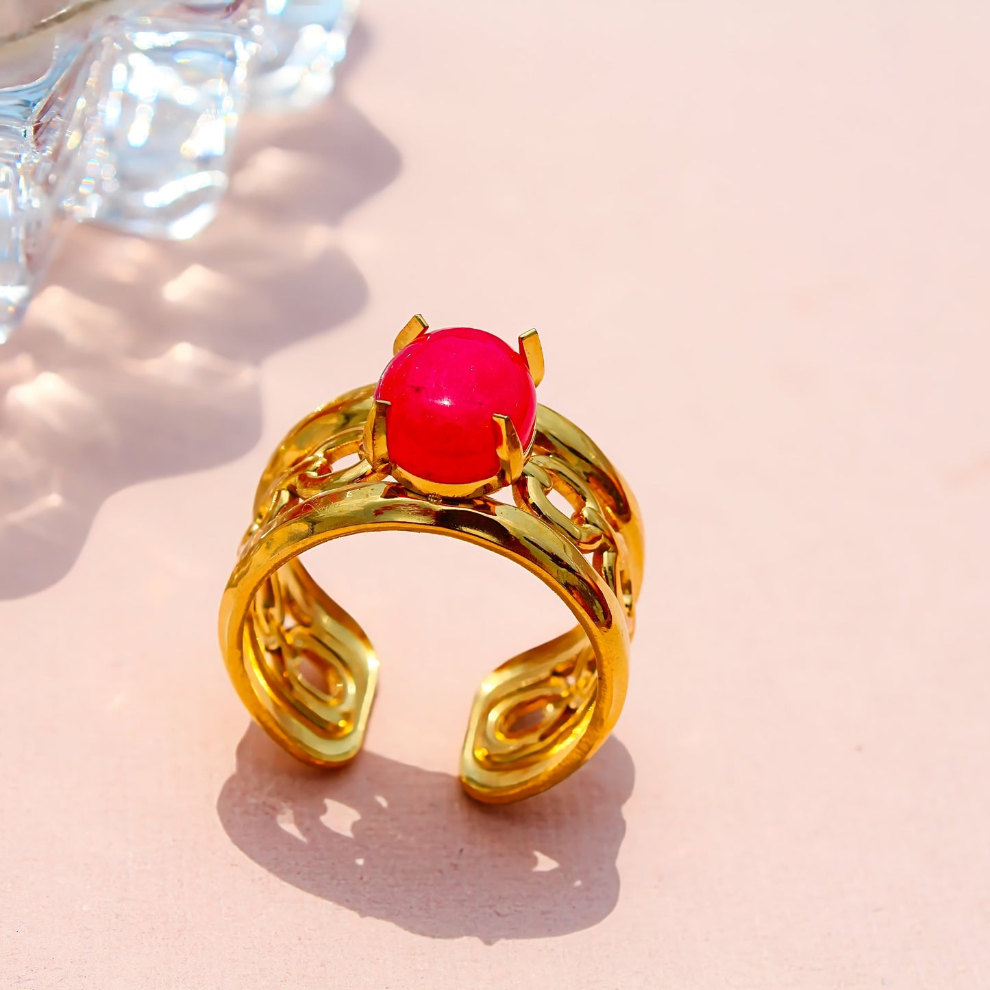 Anti-Tarnish Gold Plated Ajustable Ring Pink Stone