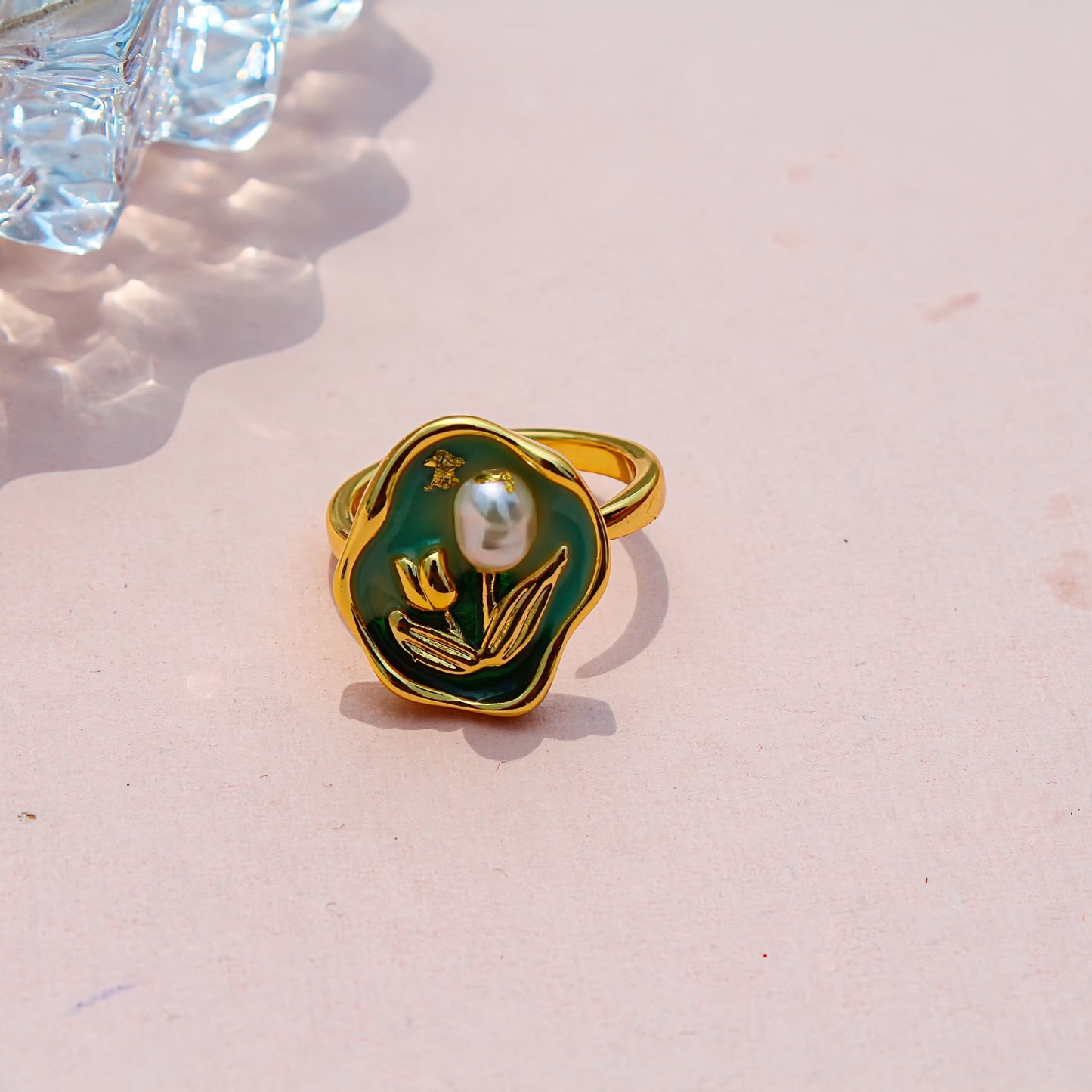Anti-Tarnish Gold Plated Adjustable Flower Ring with Pink and Green Gemstones