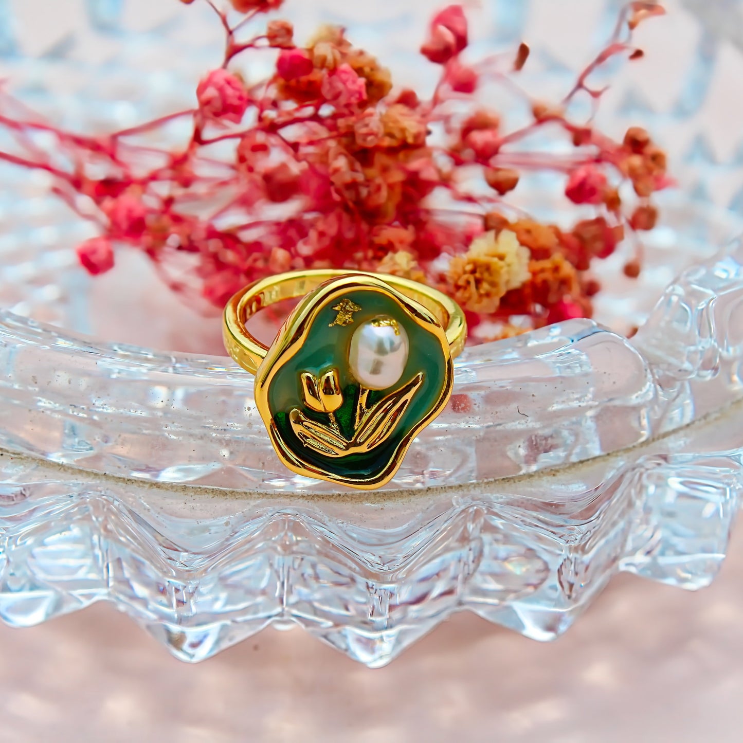 Anti-Tarnish Gold Plated Adjustable Flower Ring with Pink and Green Gemstones