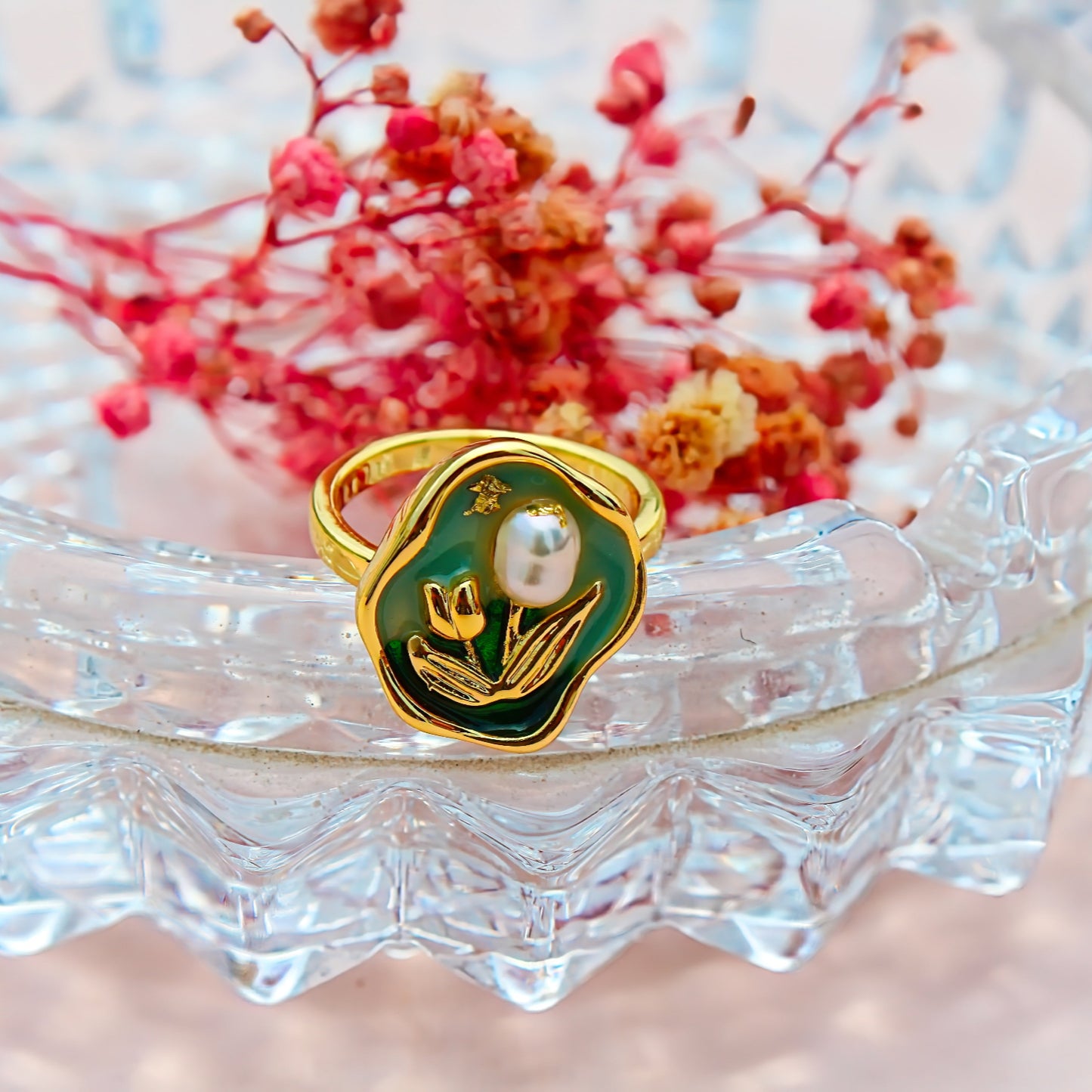 Anti-Tarnish Gold Plated Adjustable Flower Ring with Pink and Green Gemstones