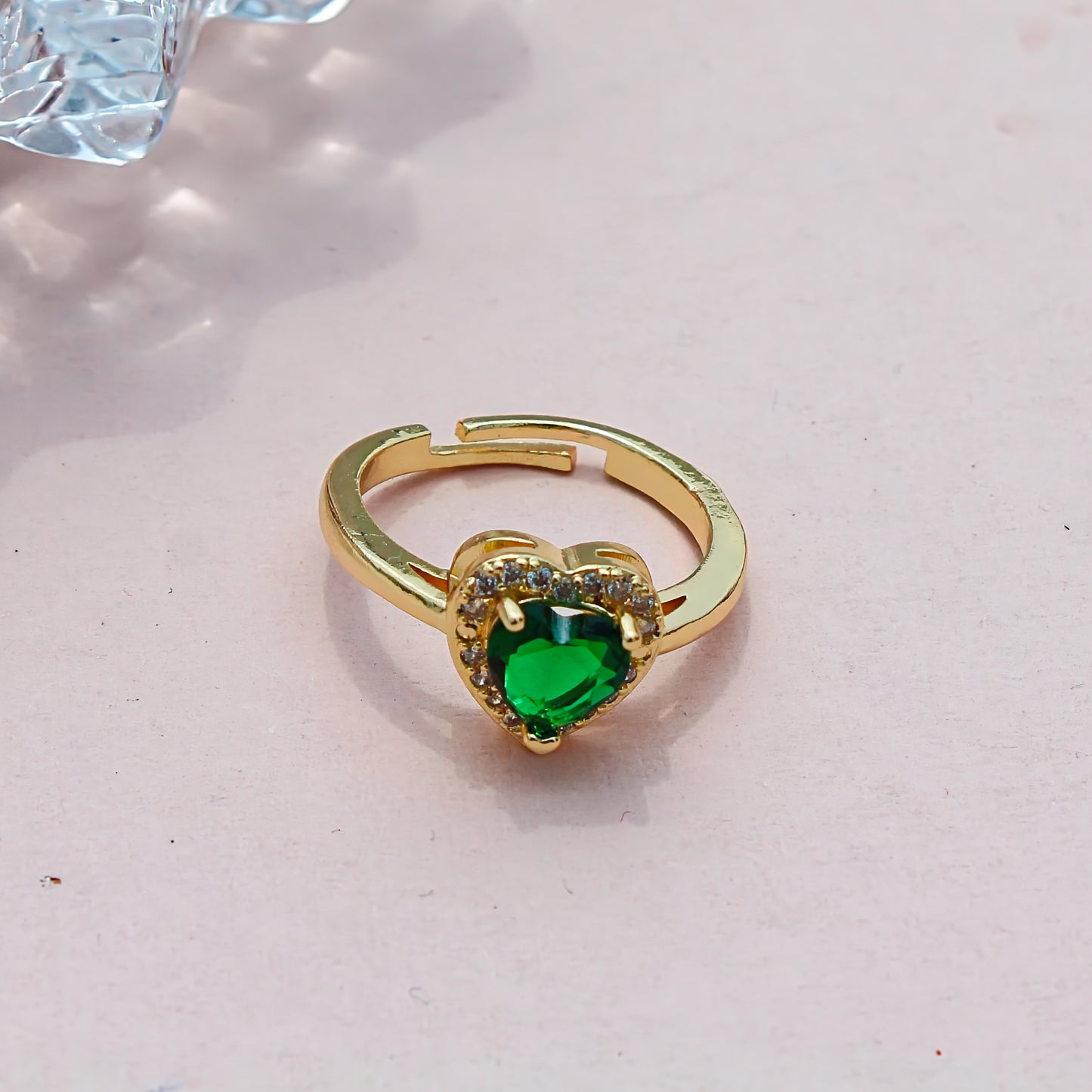 Anti-Tarnish Gold Plated Adjustable Green Heart Zircon with White AD Ring