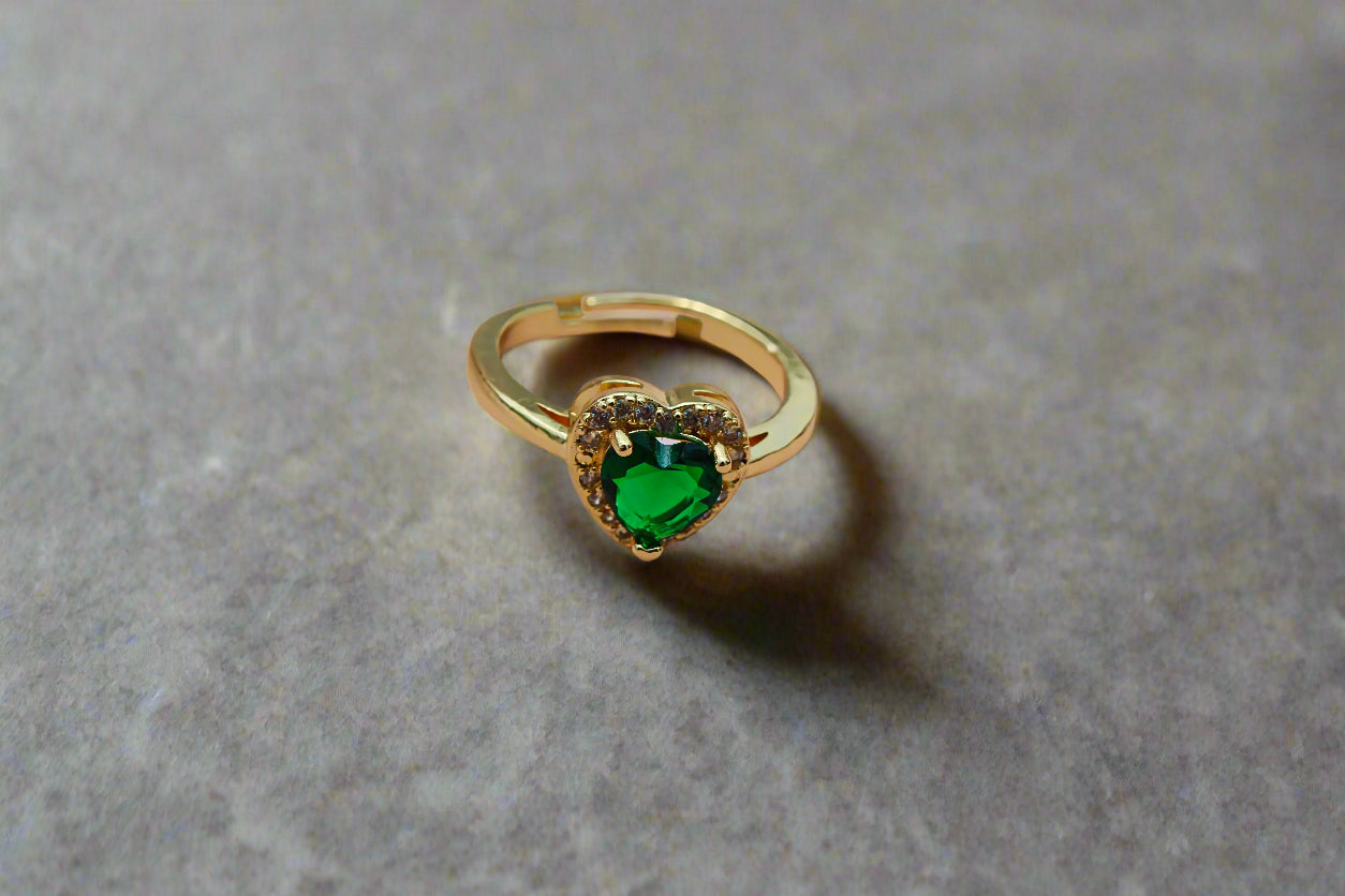 Anti-Tarnish Gold Plated Adjustable Green Heart Zircon with White AD Ring