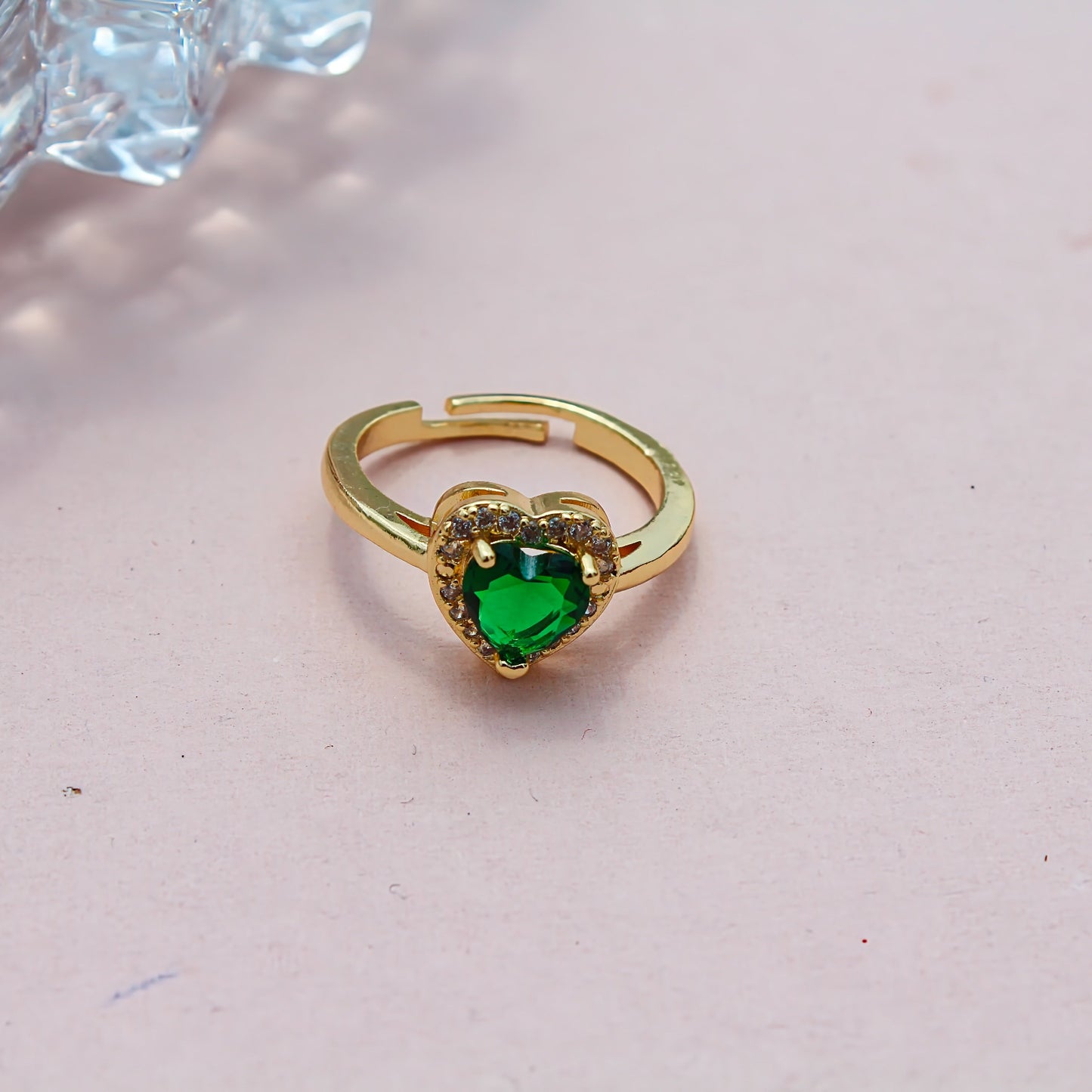 Anti-Tarnish Gold Plated Adjustable Green Heart Zircon with White AD Ring