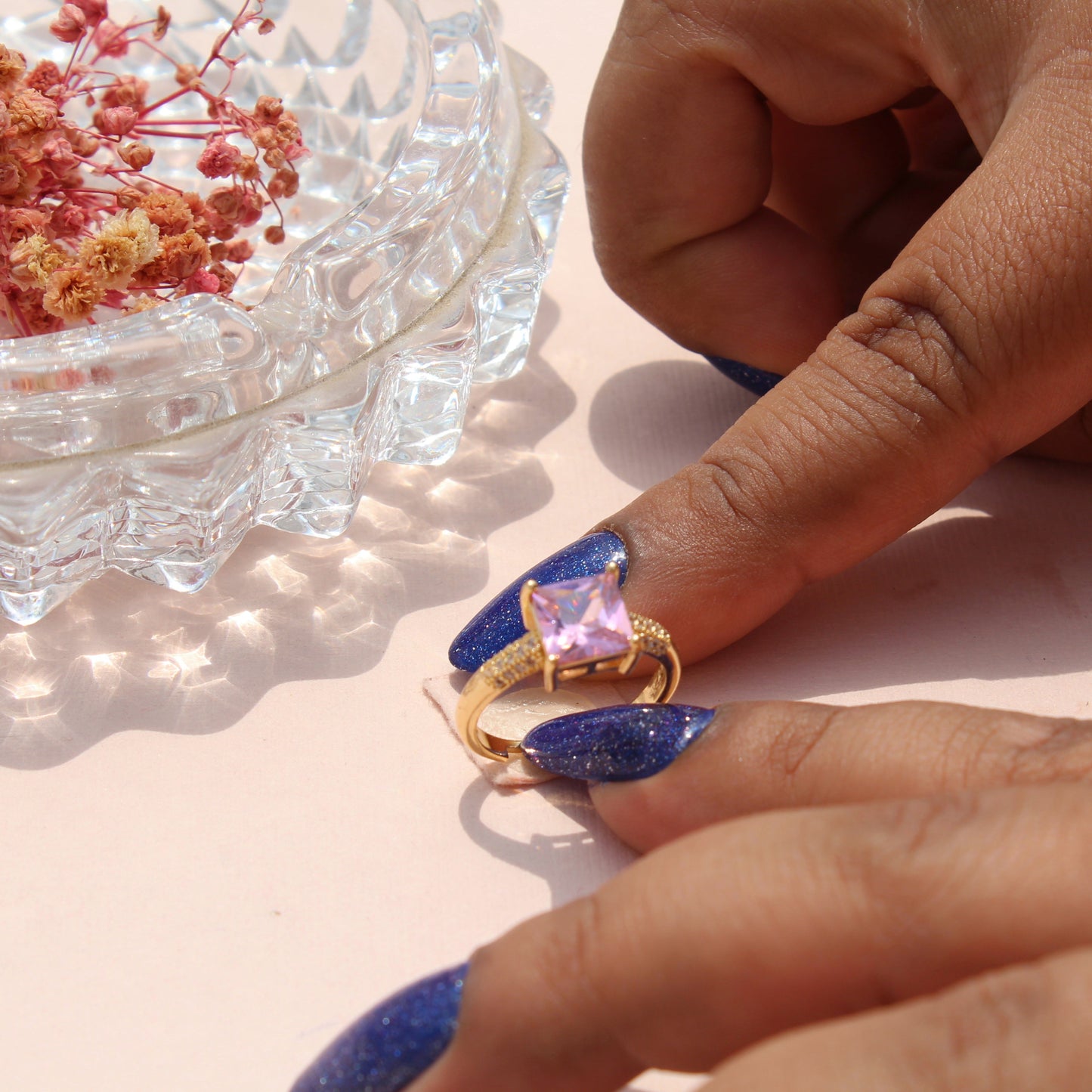 Anti-Tarnish Gold Plated Adjustable Pink Solitaire Style Zircon Ring