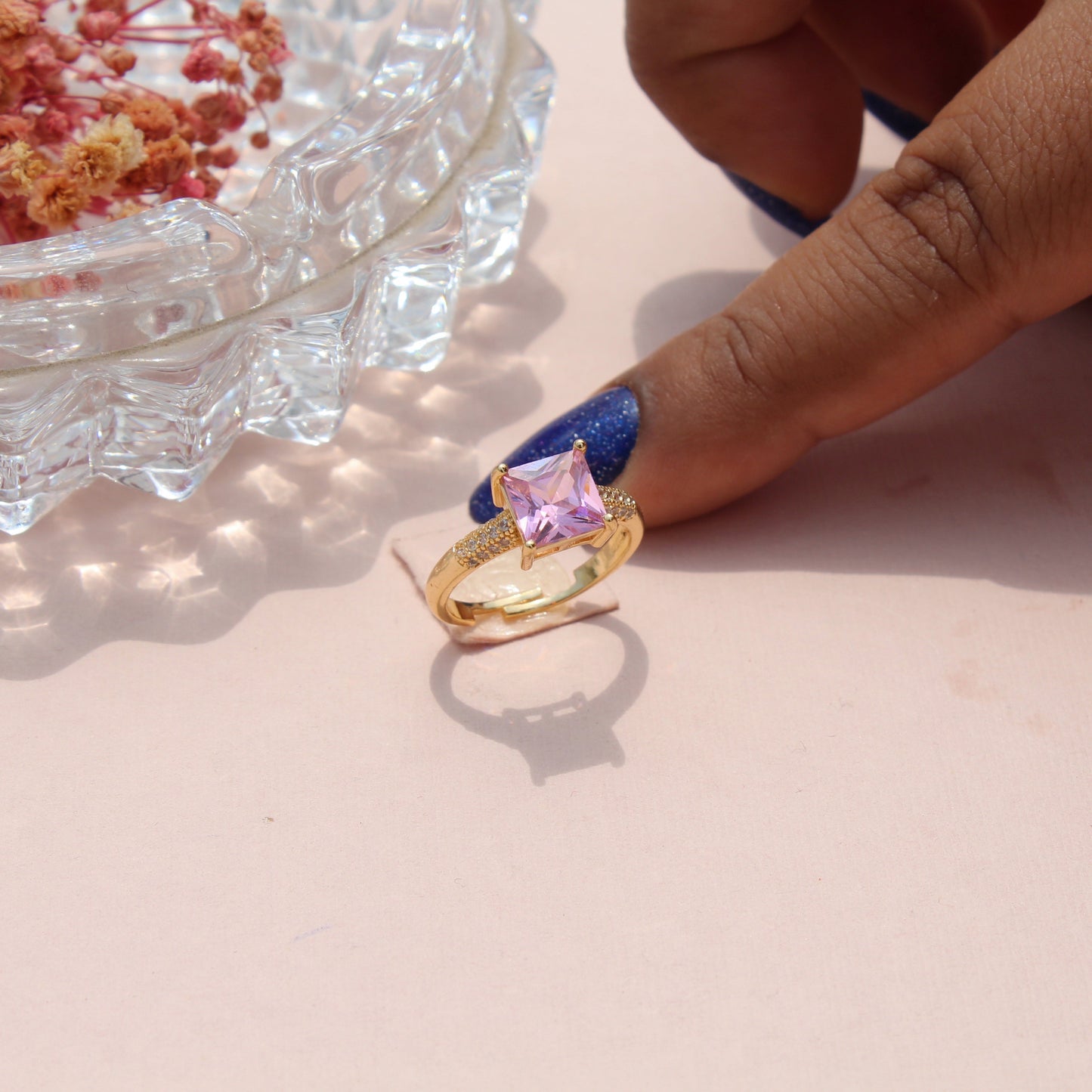 Anti-Tarnish Gold Plated Adjustable Pink Solitaire Style Zircon Ring