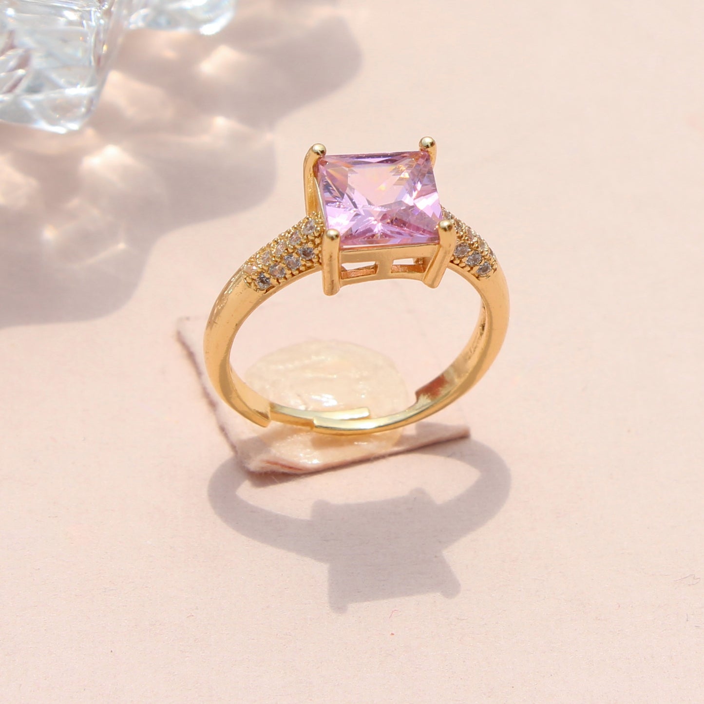Anti-Tarnish Gold Plated Adjustable Pink Solitaire Style Zircon Ring