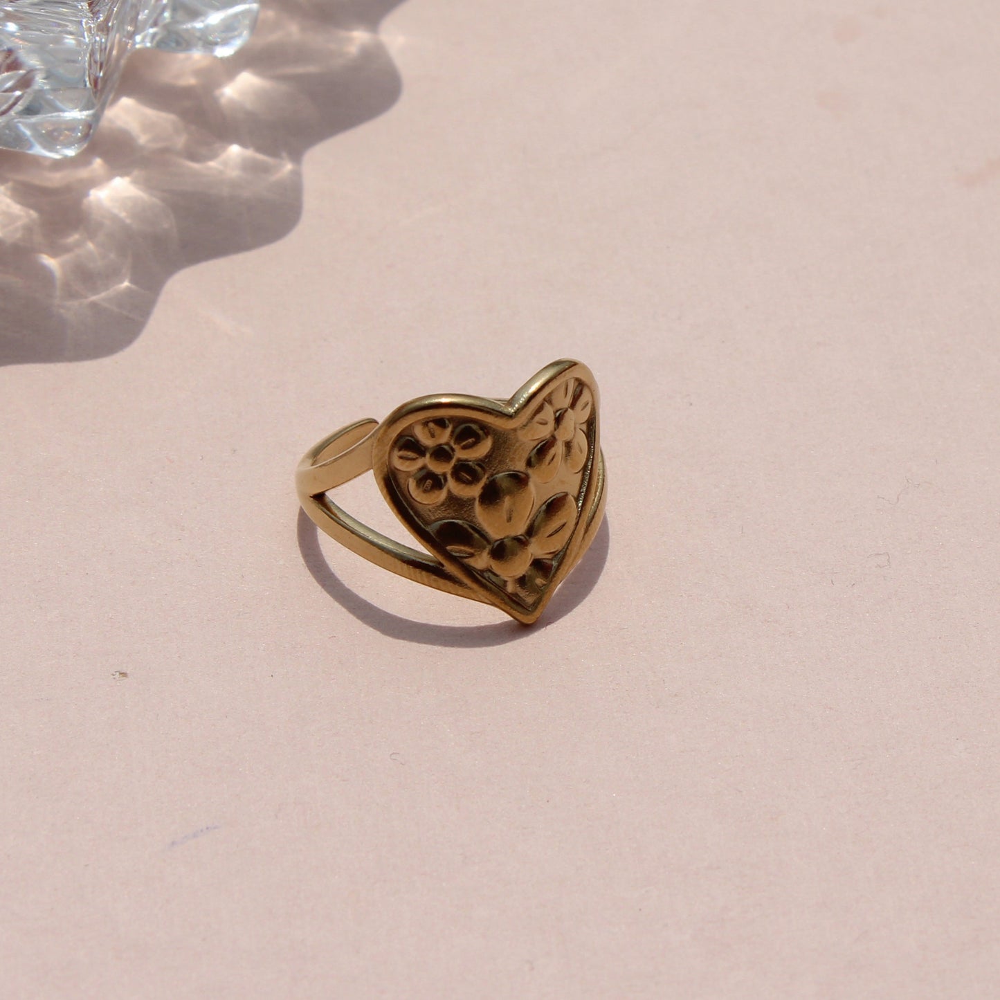 Anti-Tarnish Gold Plated Adjustable Flower Design on Heart Ring