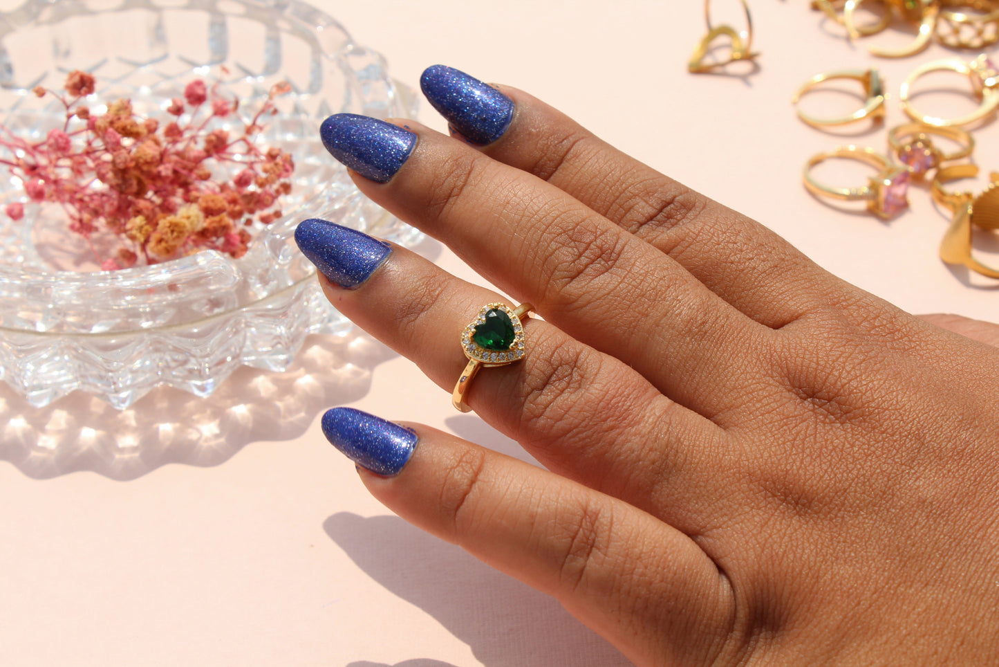Anti-Tarnish Gold Plated Adjustable Green Heart Zircon with White AD Ring