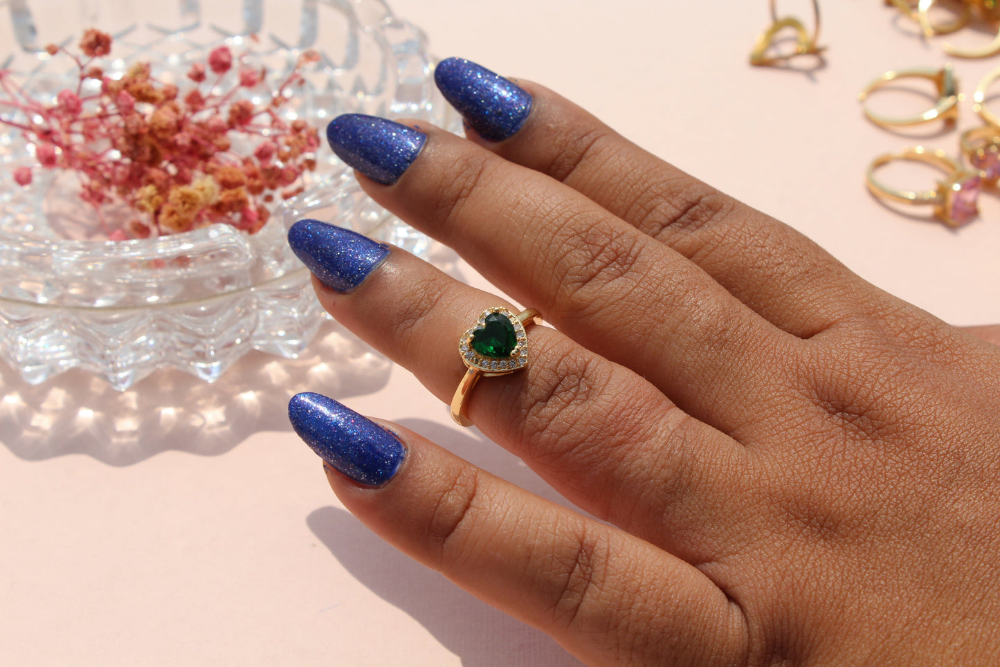 Anti-Tarnish Gold Plated Adjustable Green Heart Zircon with White AD Ring