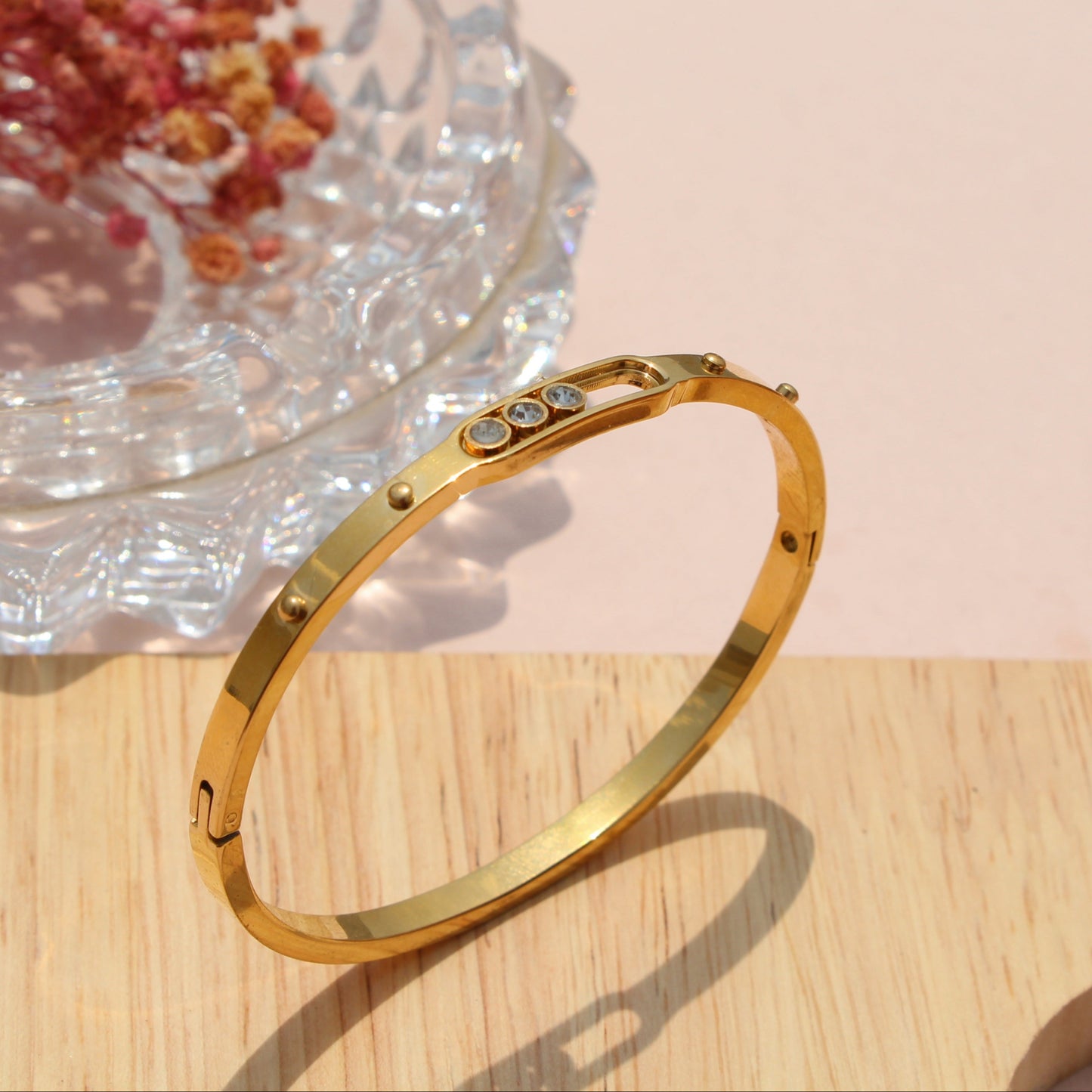 Anti-Tarnish Gold Plated Slim Kada Blacelet With Zircon