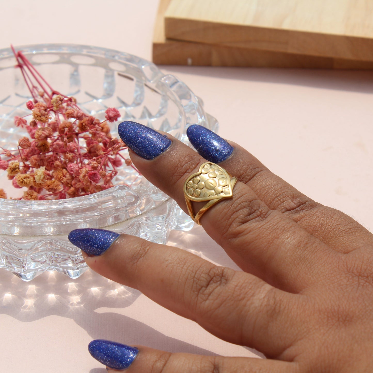 Anti-Tarnish Gold Plated Adjustable Flower Design on Heart Ring