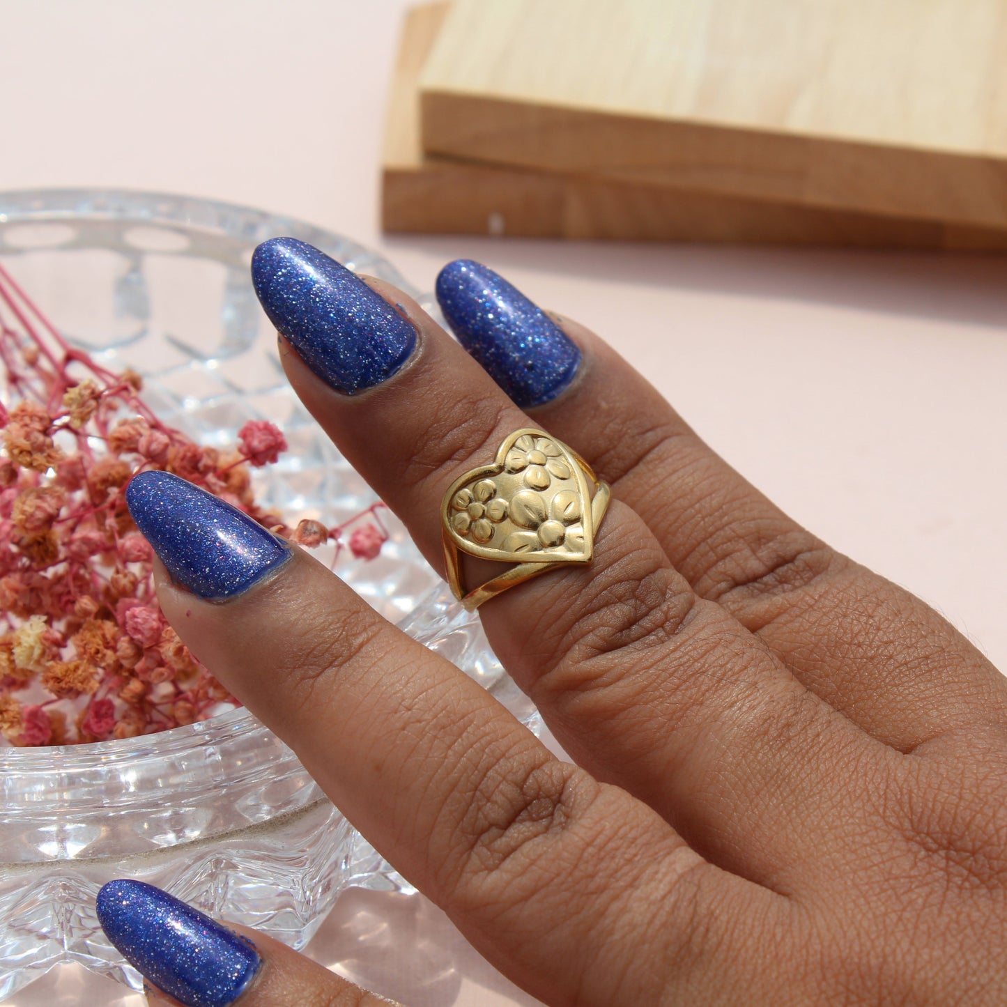 Anti-Tarnish Gold Plated Adjustable Flower Design on Heart Ring