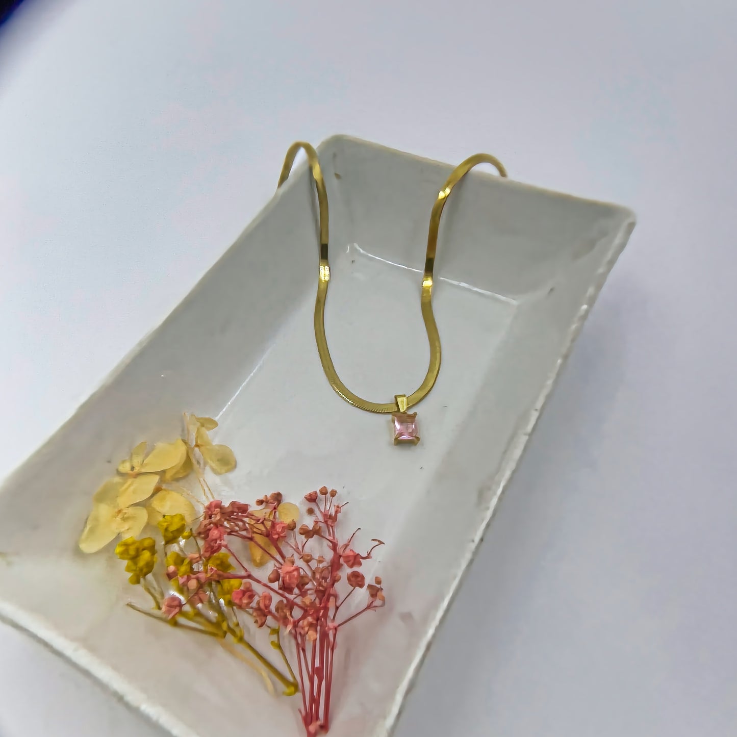 Anti-Tarnish Snake Chain with Pink Stone Locket Necklace