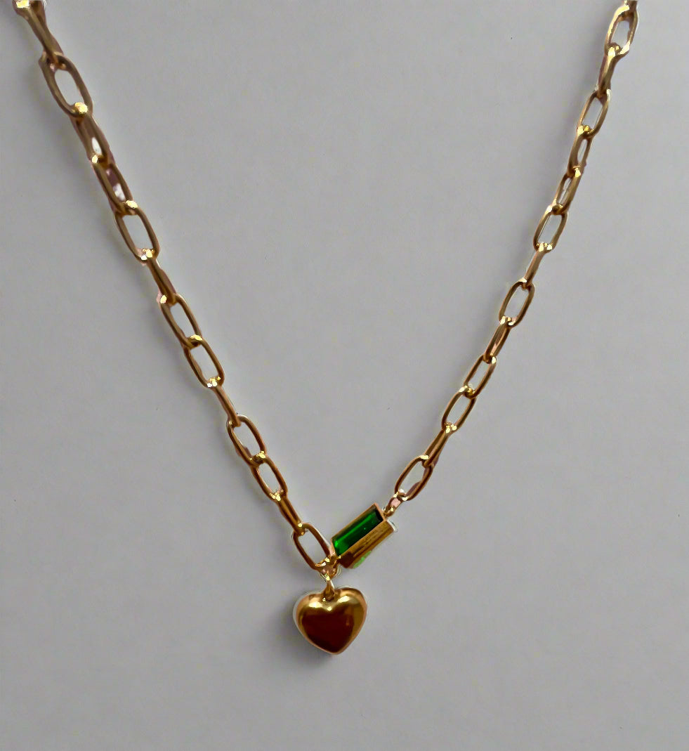 Stainless Steel Chain Link with Heart and Green Emerald Stone Necklace