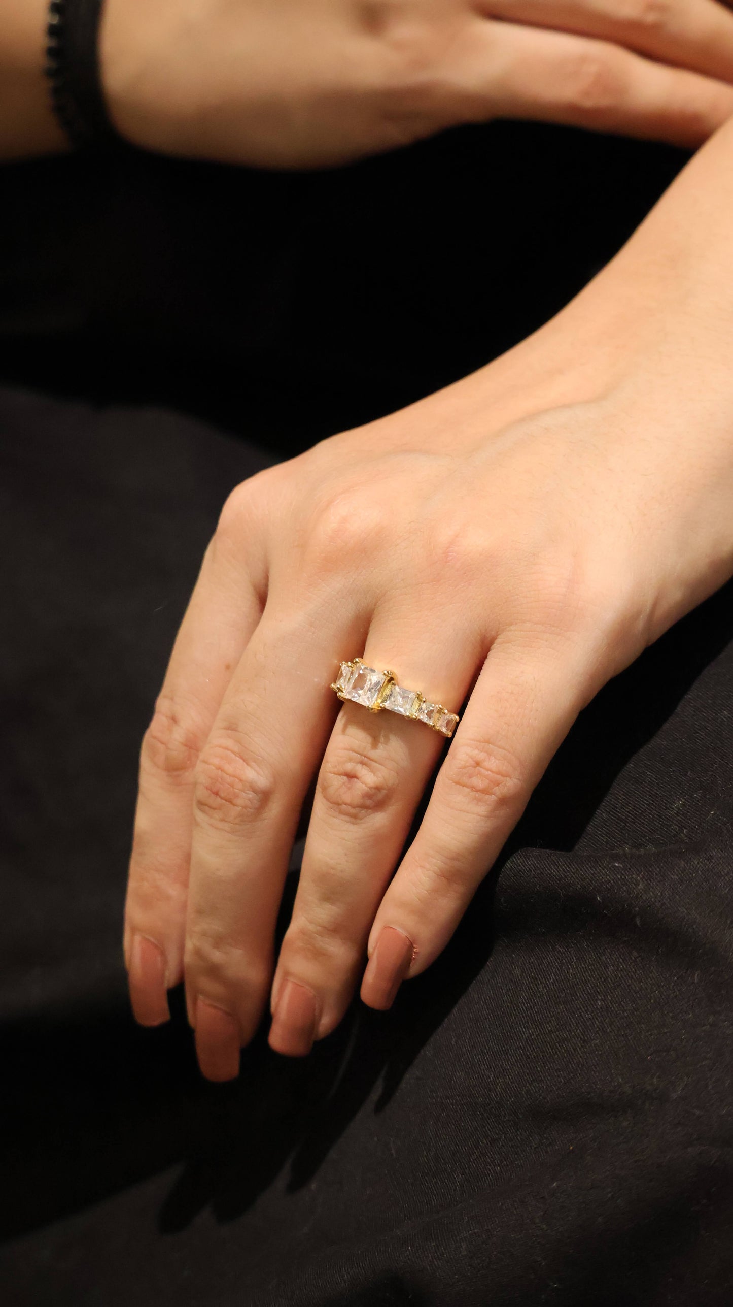 Stunning Gold-Tone Solitaire Adjustable Ring with Pave Set Band