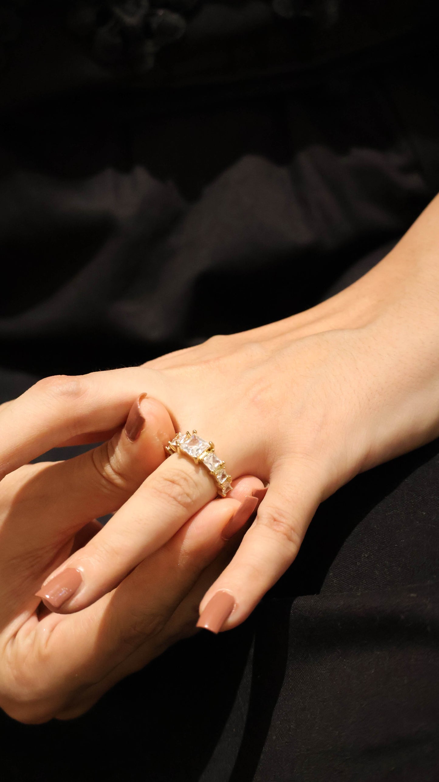 Stunning Gold-Tone Solitaire Adjustable Ring with Pave Set Band