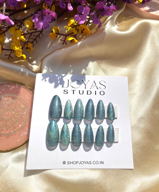 Glittery Blue Press On Nails
