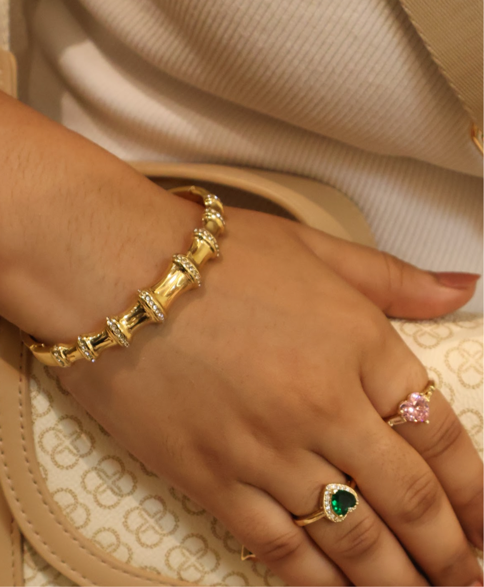 Elegant Gold-Tone Barrel & Crystal Bangle Bracelet