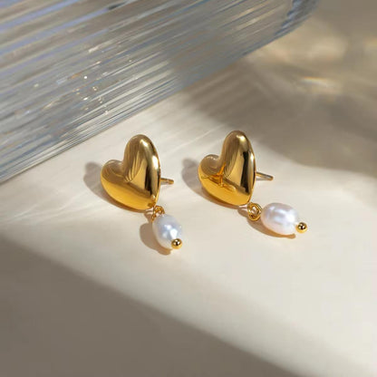 Anti-Tarnish Gold Plated Double Tier Heart and Pearl Dangler