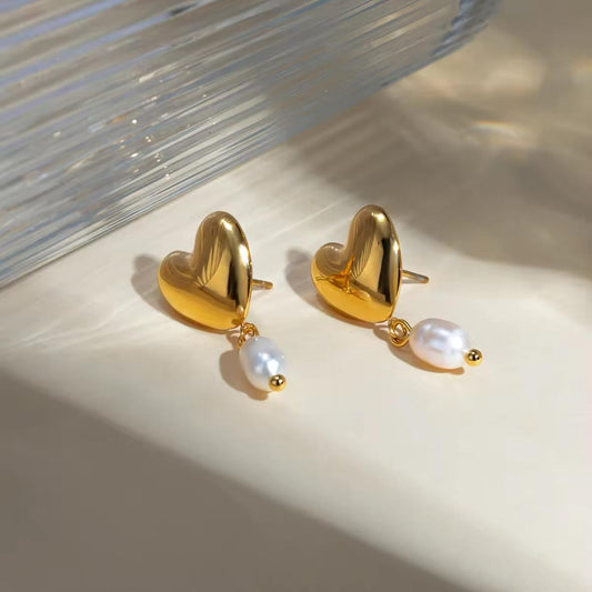 Anti-Tarnish Gold Plated Double Tier Heart and Pearl Dangler