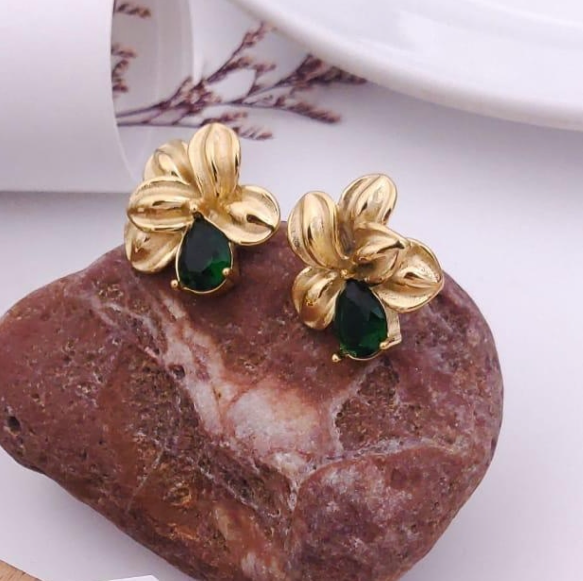 Anti Tarnish chunky Flower with green gemstone Earrings