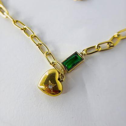 Stainless Steel Chain Link with Heart and Green Emerald Stone Necklace