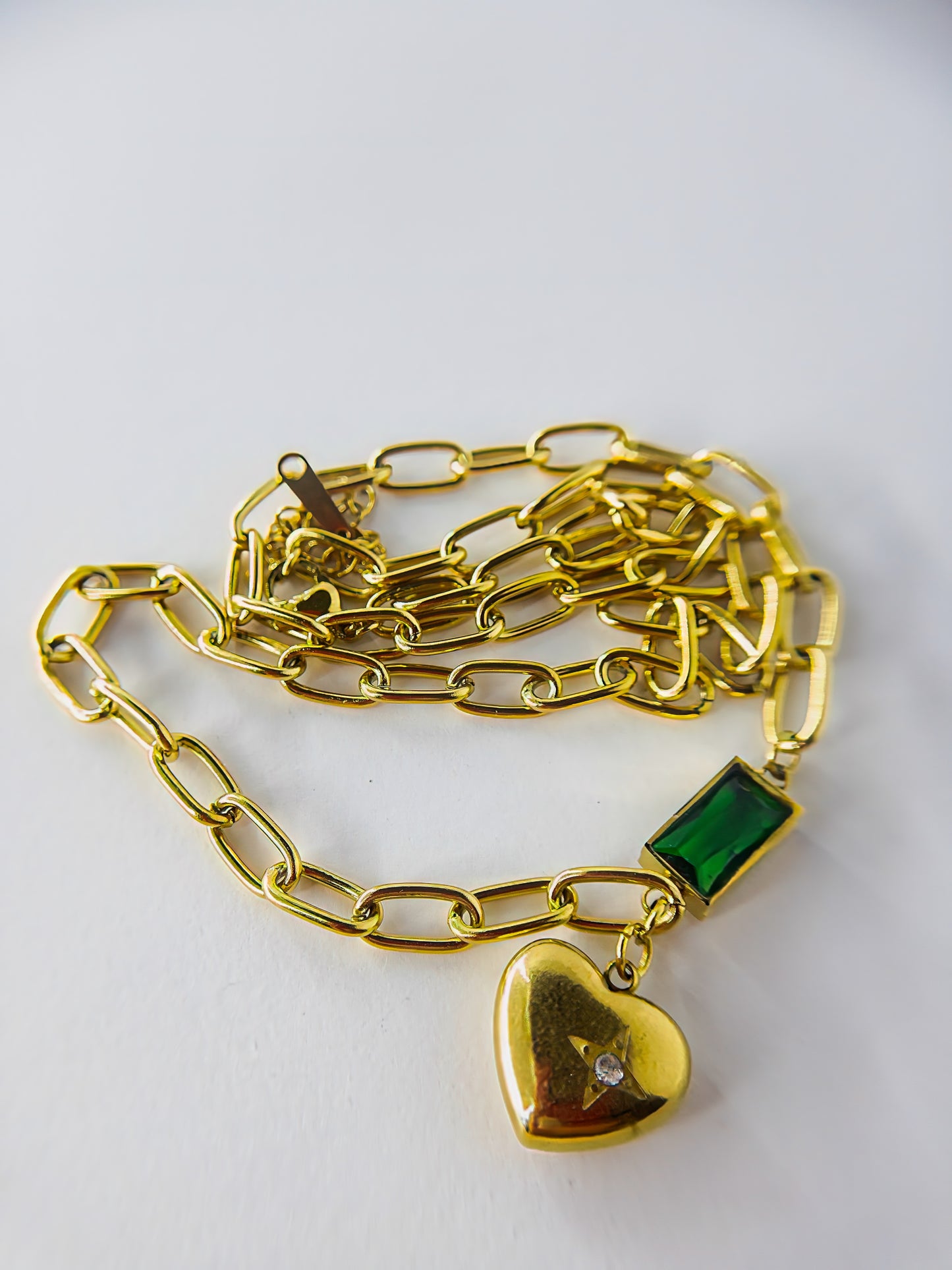 Stainless Steel Chain Link with Heart and Green Emerald Stone Necklace